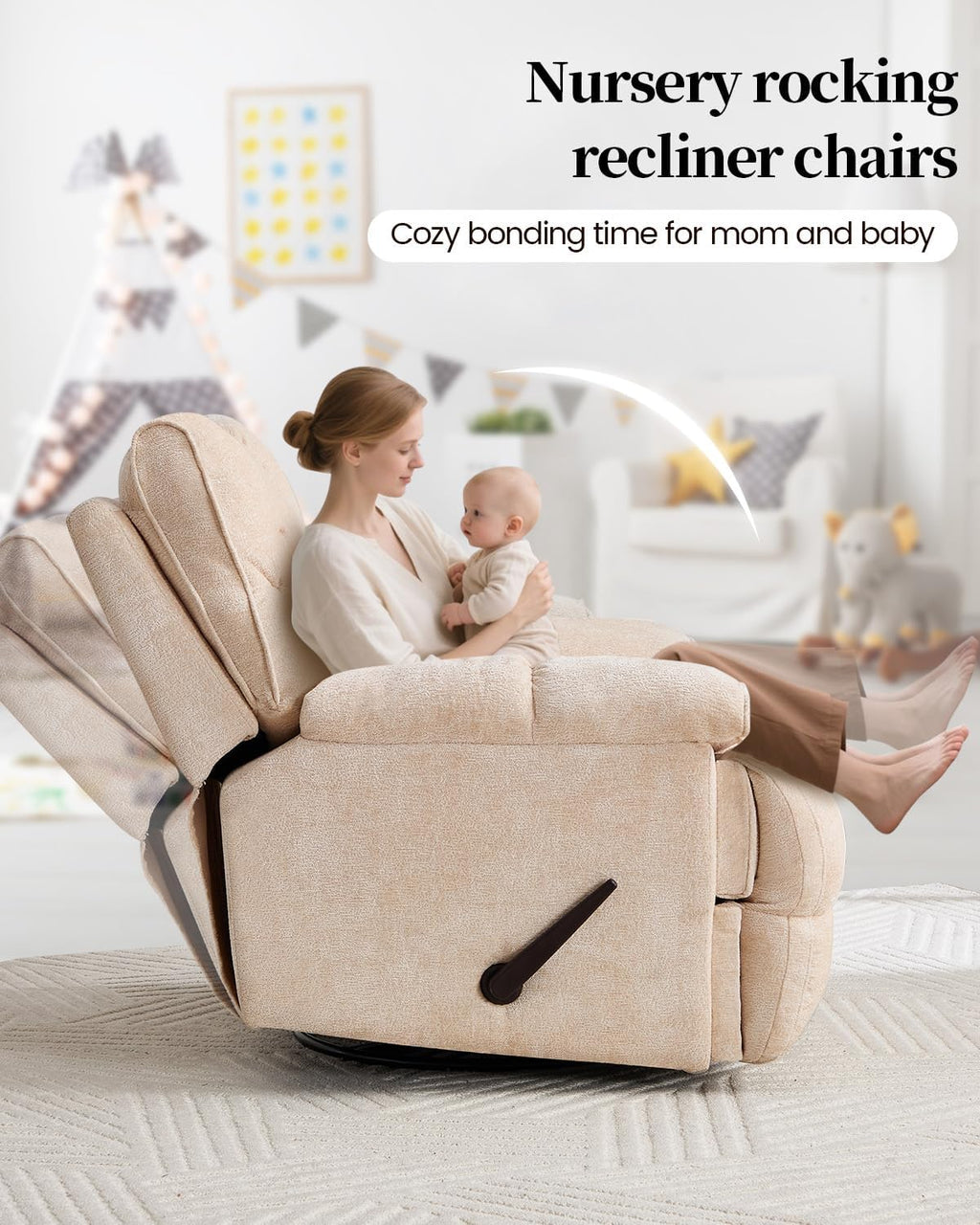 Oversized Manual Recliner Chair with 360° Swivel, Big and Tall Rocker Glider for Nursery Living Room, Chenille Overstuffed Reclining Sofa with Handle, 375lbs (Beige, Manual)