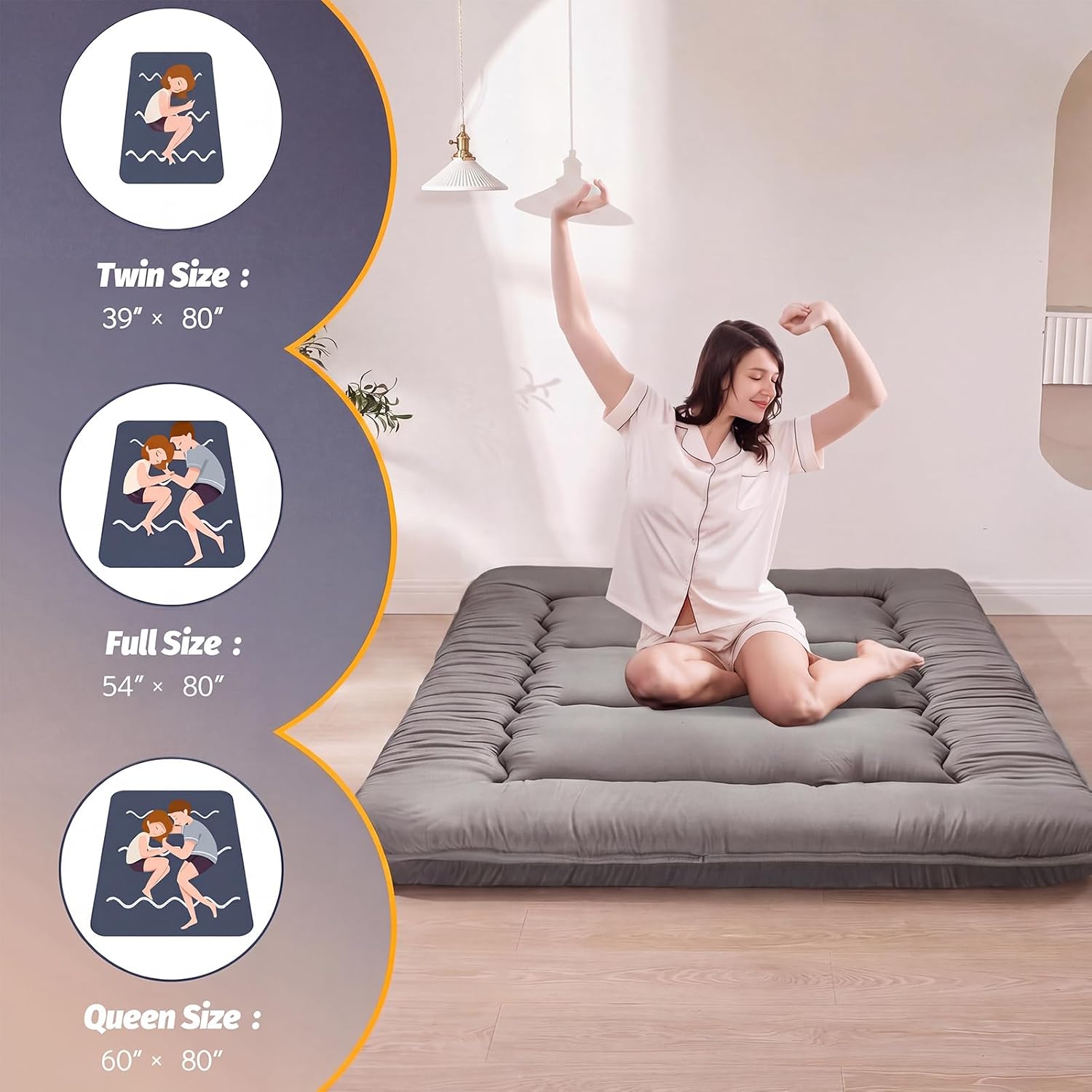 MAXYOYO 6' Extra Thick Japanese Floor Mattress Futon Mattress, Foldable Tatami Pad for Adults, Roll Up Floor Mat for Living Room Guest Room RV, Dark Grey, Full