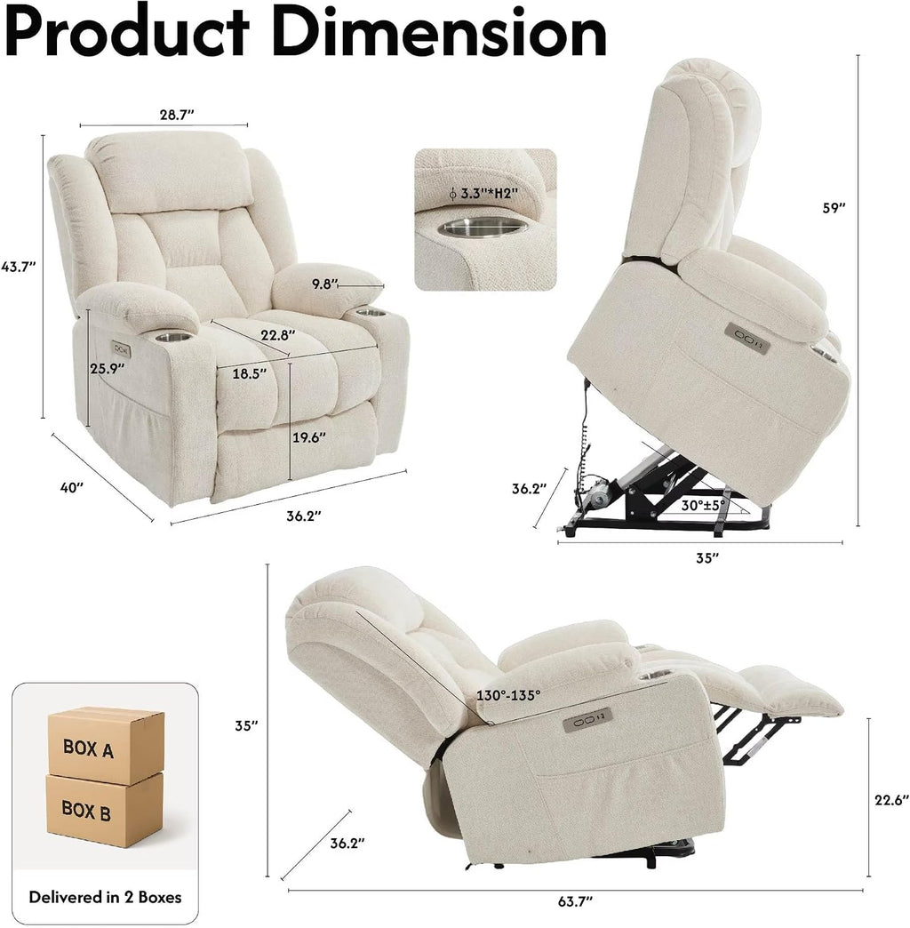 FLEXISPOT Power Lift Recliner Chair with Massage & Heat, Single Motor Lift Chair, Chenille Fabric Upholstery, USB/Type-C, Cup Holders, Side Pockets, Beige
