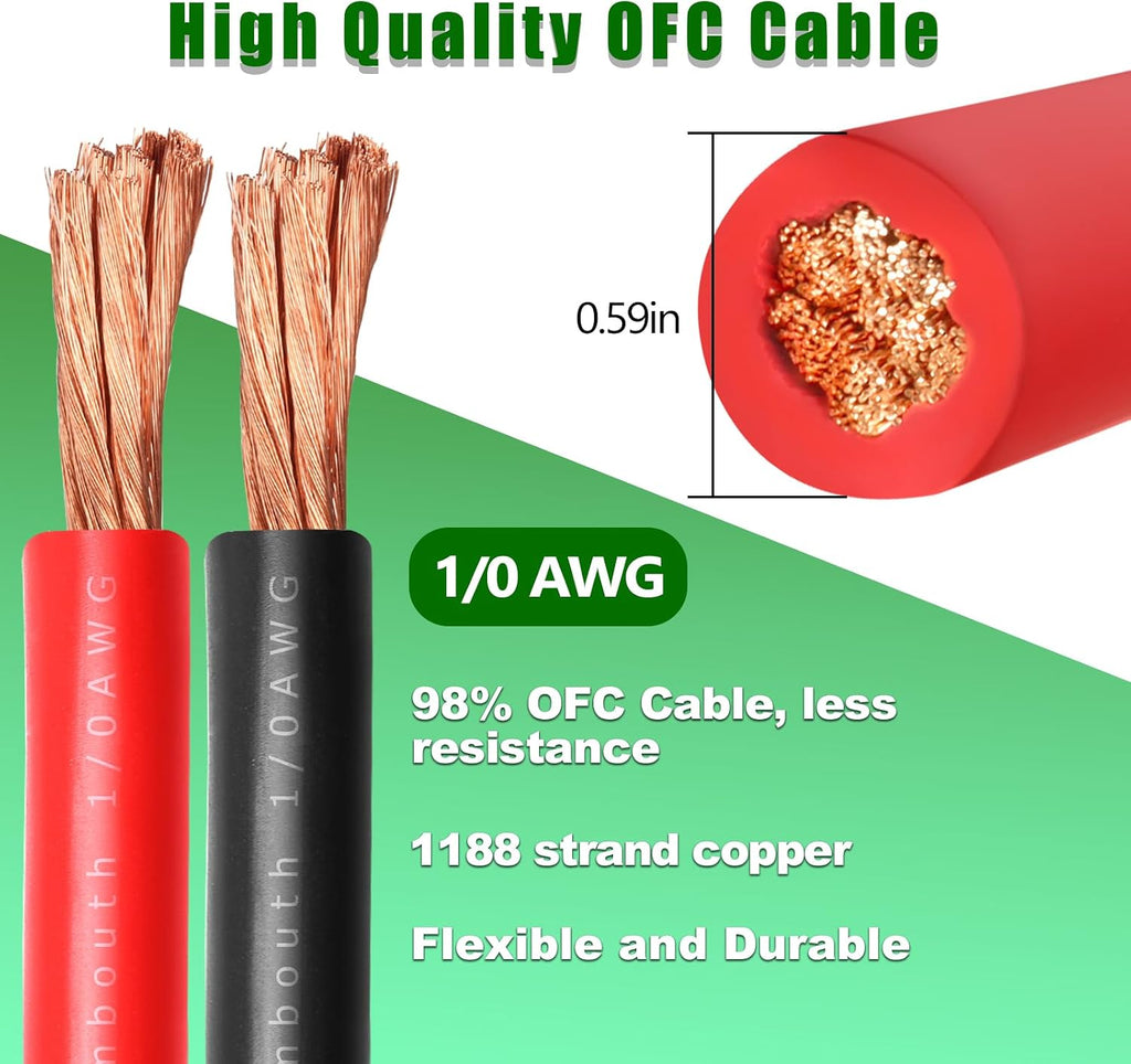 1/0 Gauge Battery Cable Copper Wire, 25FT Red+25FT Black 1/0 AWG Welding Cable Standard USA OFC Wire for Automotive, Battery, Solar, Marine and Generator