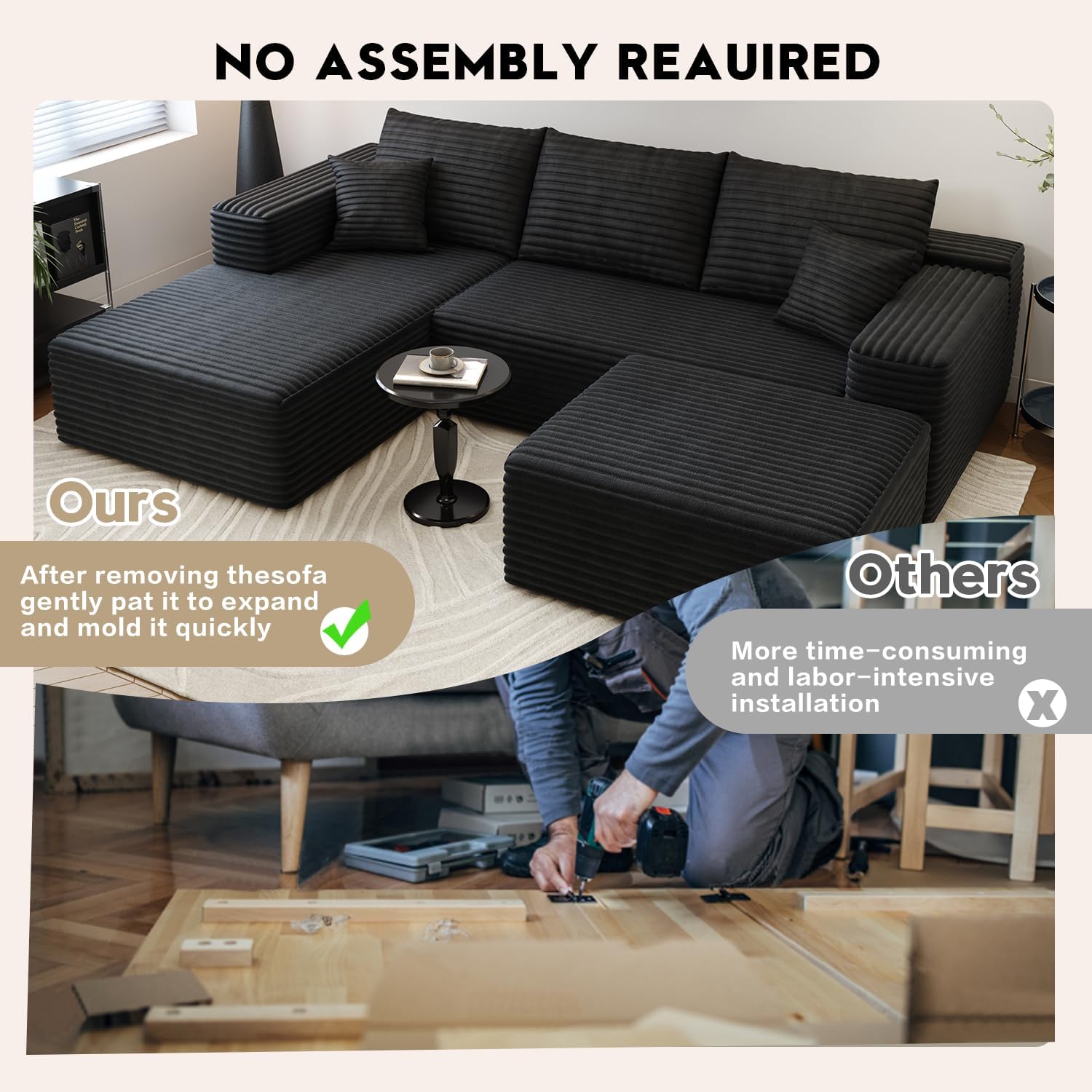 107.5' Cloud Sectional Couch with 1 Ottoman,Modern Modular Sofa with Deep Seat, Comfort U Shaped Sofa Couches for Living Room Bedroom Apartments,No Assembly Required, (Black,Left Facing Chaise)