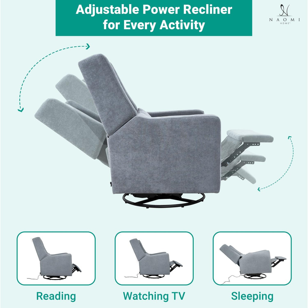 Naomi Home Tanya Luxury Motion Recliner Chair, Gray – Plush Upholstered Glider Rocker with USB Charging, Swivel, and Lumbar Support for Nursery Comfort, 275 lbs Capacity