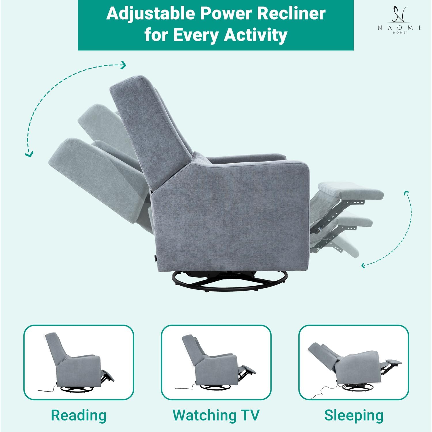 Naomi Home Tanya Luxury Motion Recliner Chair, Gray – Plush Upholstered Glider Rocker with USB Charging, Swivel, and Lumbar Support for Nursery Comfort, 275 lbs Capacity