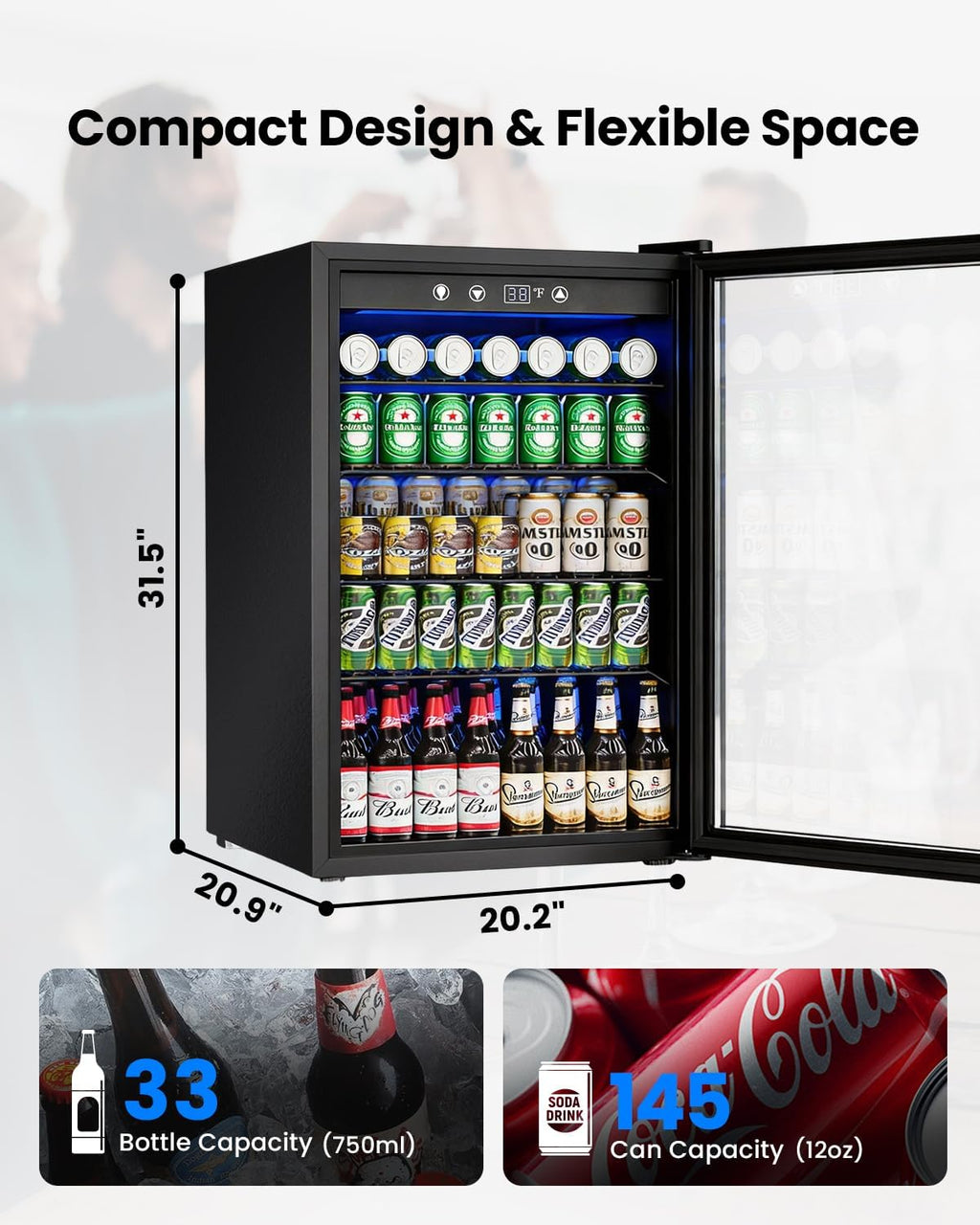 Feelfunn 4.5 Cu.Ft Beverage Refrigerator Cooler - 145 Can Mini Fridge Glass Door for Soda Beer Wine, Small Refrigerator for Bedroom Office Home Bar, 4 Adjustable Shelves, Black
