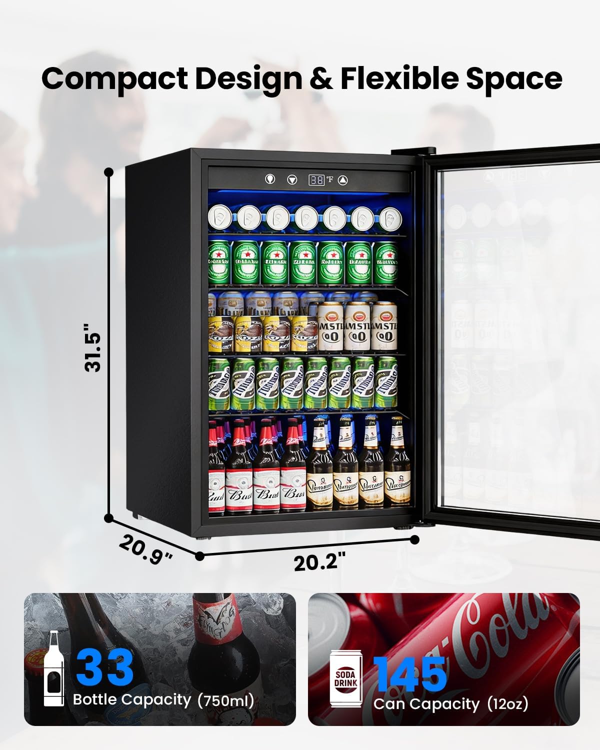Feelfunn 4.5 Cu.Ft Beverage Refrigerator Cooler - 145 Can Mini Fridge Glass Door for Soda Beer Wine, Small Refrigerator for Bedroom Office Home Bar, 4 Adjustable Shelves, Black