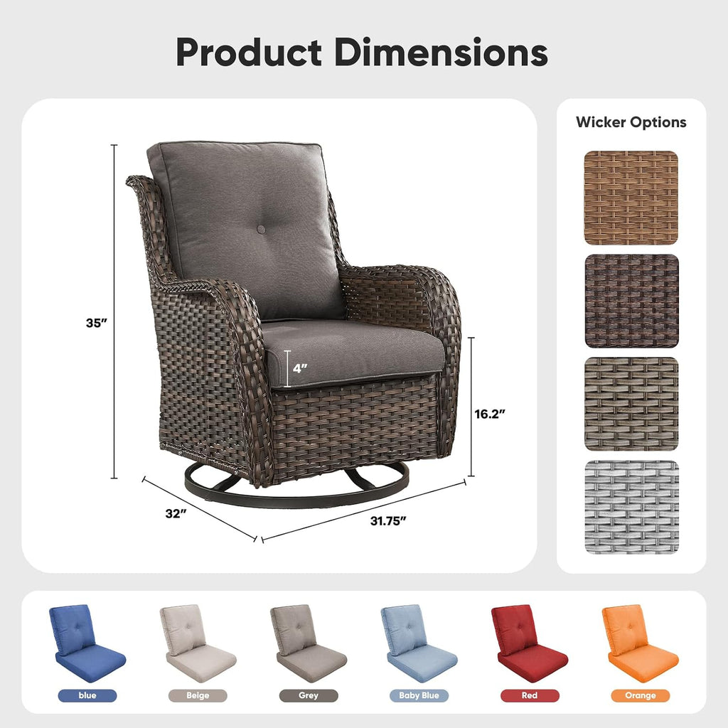 Belord Outdoor Swivel Chairs Set of 2,Patio Wicker Rocker Chairs,All Weather Patio Conversation Furniture Set, Ideal for Porch Balcony Deck Yard, Brown Wicker/Gray