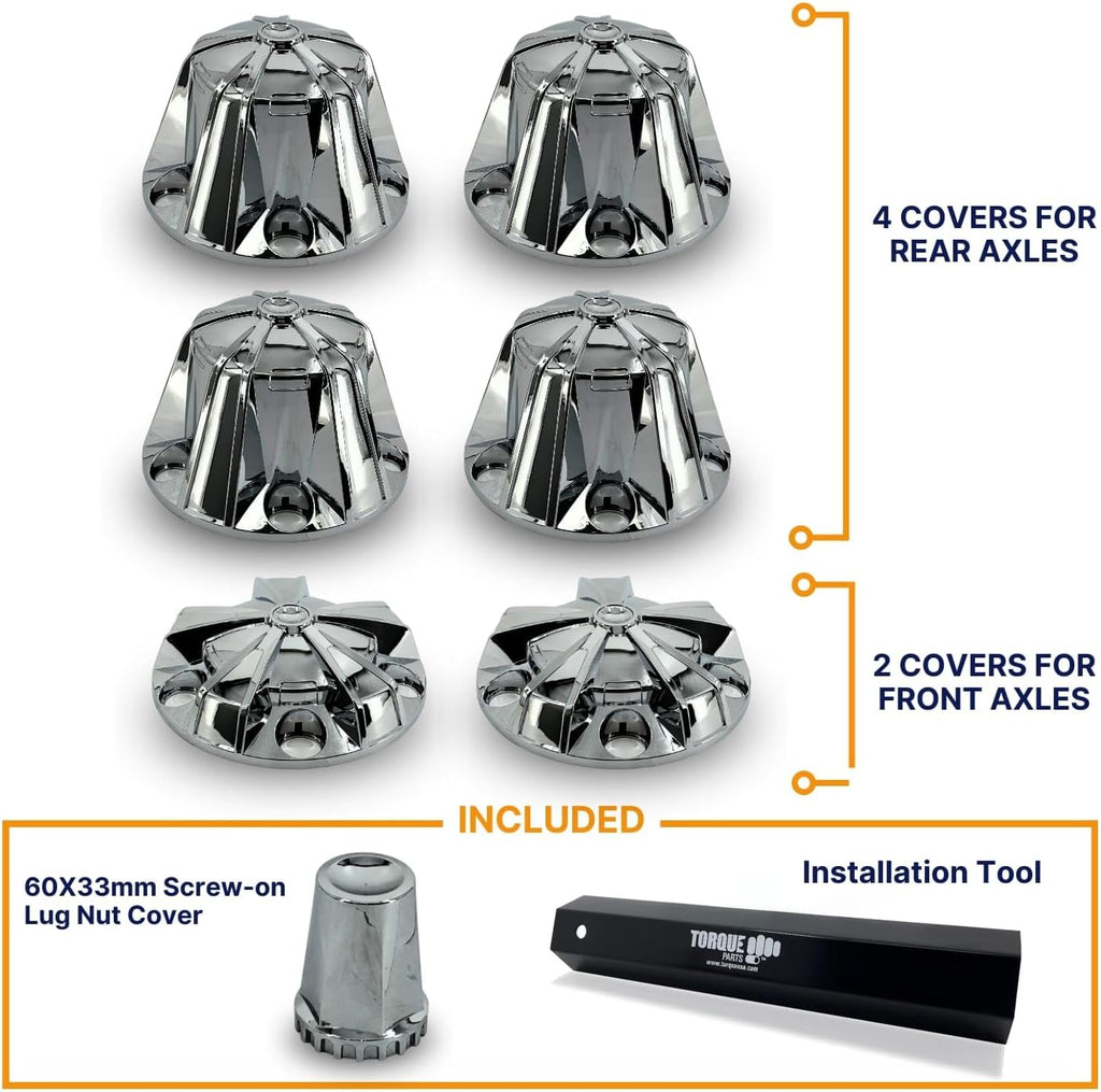 TORQUE Starlight Chrome Front and Rear Axle Complete Wheel Cover Set 33mm Screw-on Lug Nut Covers for Semi Trucks (Installation Tool Included) Standart Hub Caps Kit (2 Front & 4 Rear) (TR638)
