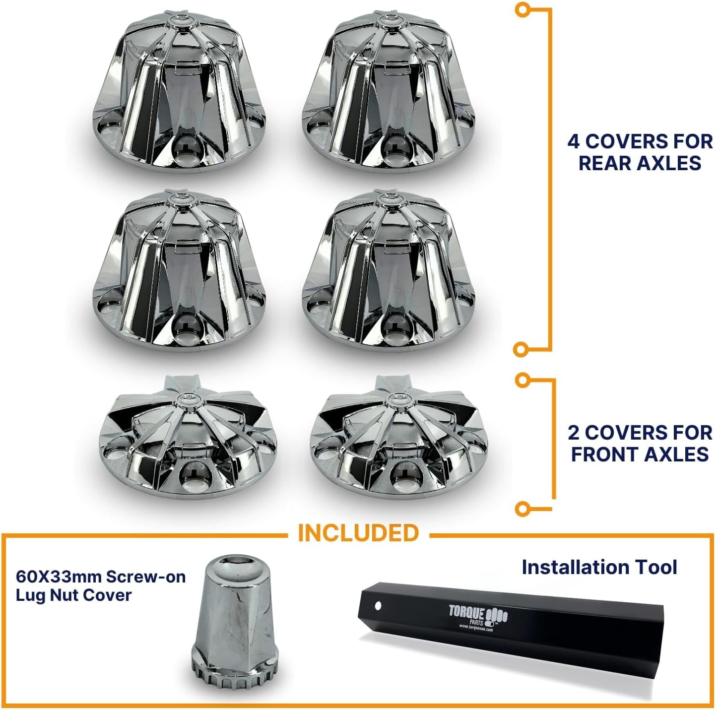 TORQUE Starlight Chrome Front and Rear Axle Complete Wheel Cover Set 33mm Screw-on Lug Nut Covers for Semi Trucks (Installation Tool Included) Standart Hub Caps Kit (2 Front & 4 Rear) (TR638)
