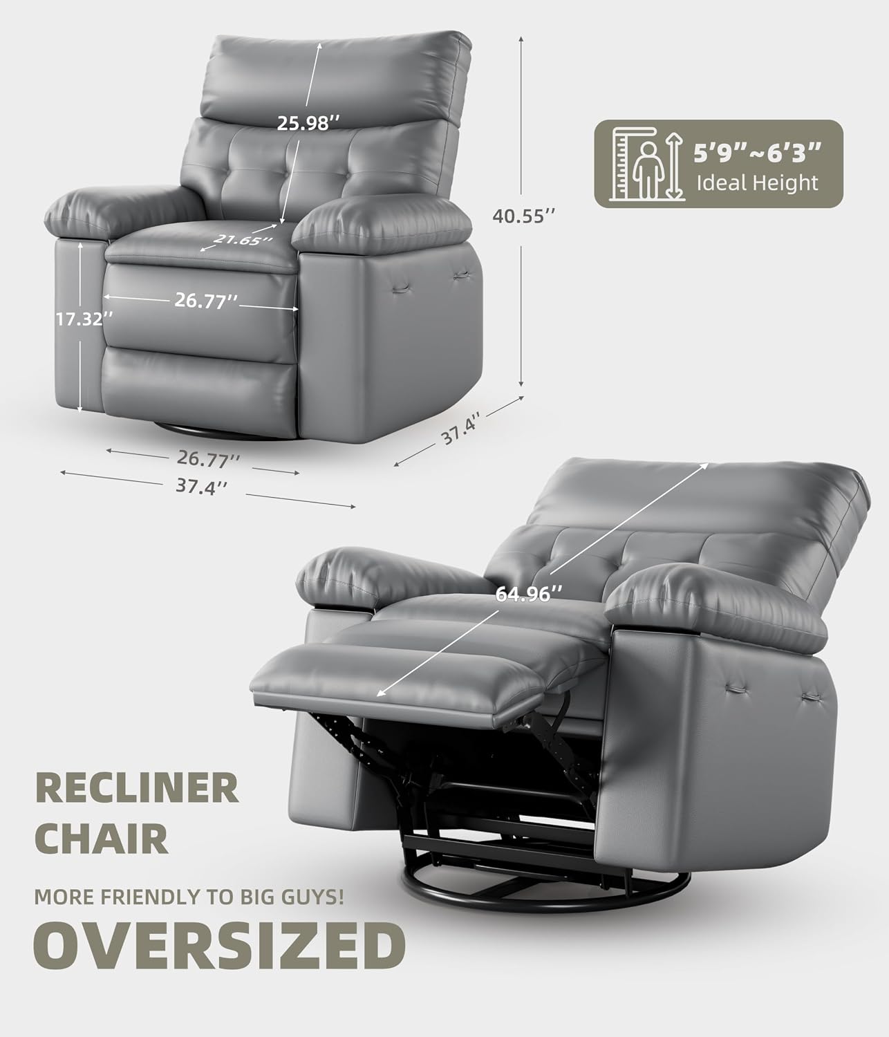 Oversized Recliner Chair with Heating & Massage, XL Faux Leather Nursery Rocking Chairs for Adults with Cup Holder and Side Pockets, Swivel Chair for Living Room, Bedroom Grey