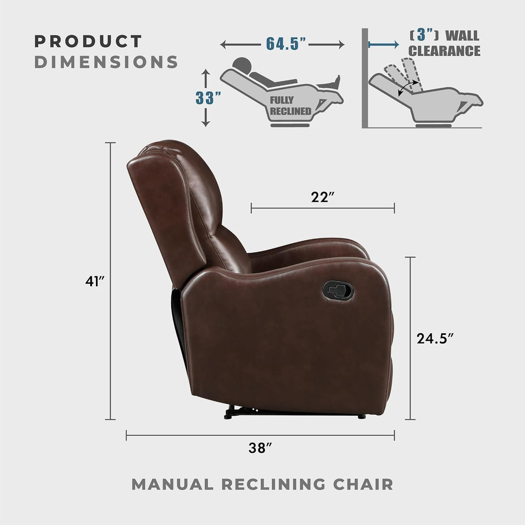 Lexicon Manual Recliner Chair, Reclining Sofa Chair, Home Theater Seating, Wall Hugger, Manual Recliner for Living Room/Office/Apartment, Easy Assembly, Brown Faux Leather