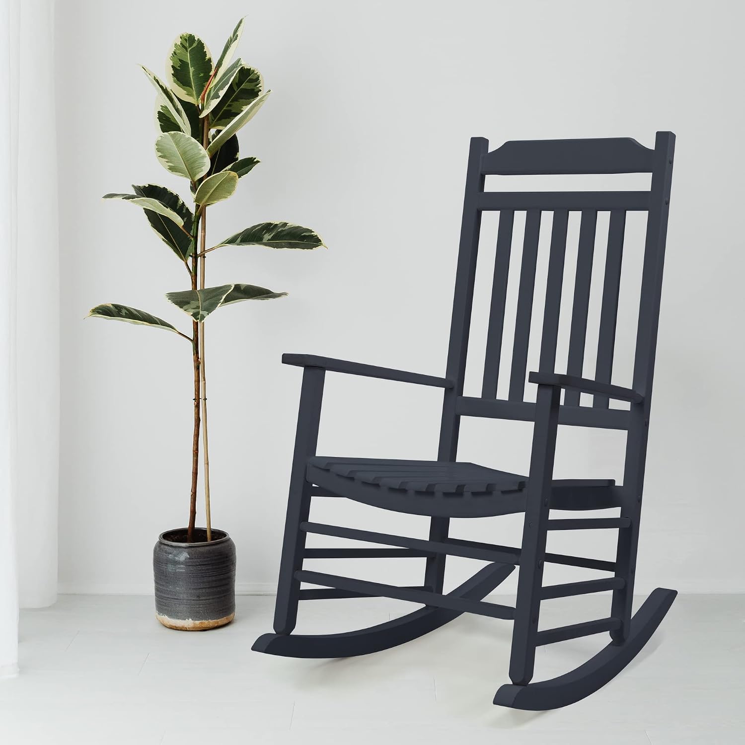 Kozyard Wooden Rocking Chair, Solid Wood Outdoor Rocker Chair with High Back & Slatted Seat, Ergonomic Porch Rocking Chair for Patio, Balcony, Garden, Indoor Outdoor Use (Gray)