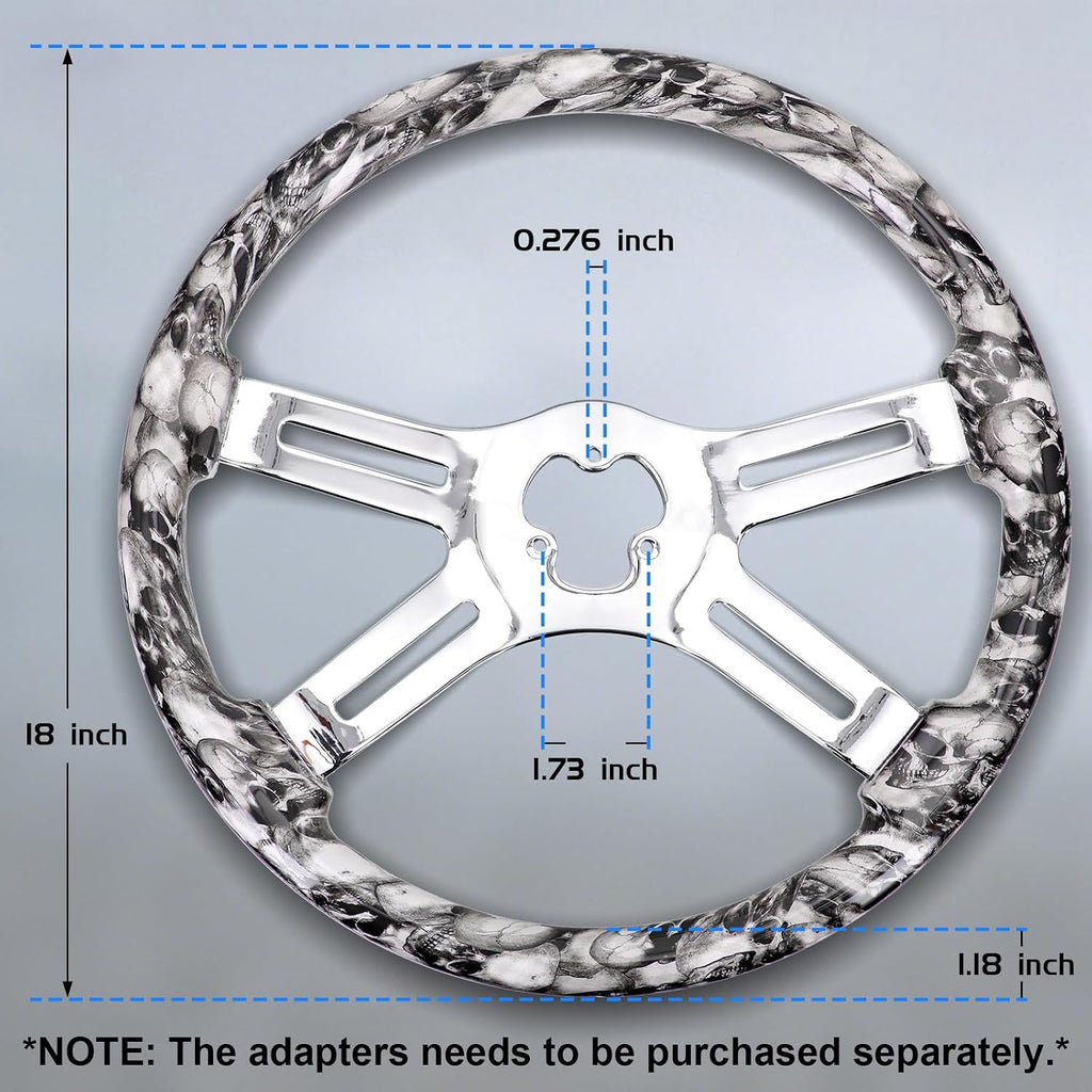 Sorghum 18' Solid Wood Steering Wheel - Hydrographic White Skulls 4 Spokes Aluminum Chrome Steering Wheel with Horn Button for Trucks Compatible with Mack Kenworth Peterbilt Volvo Freightliner