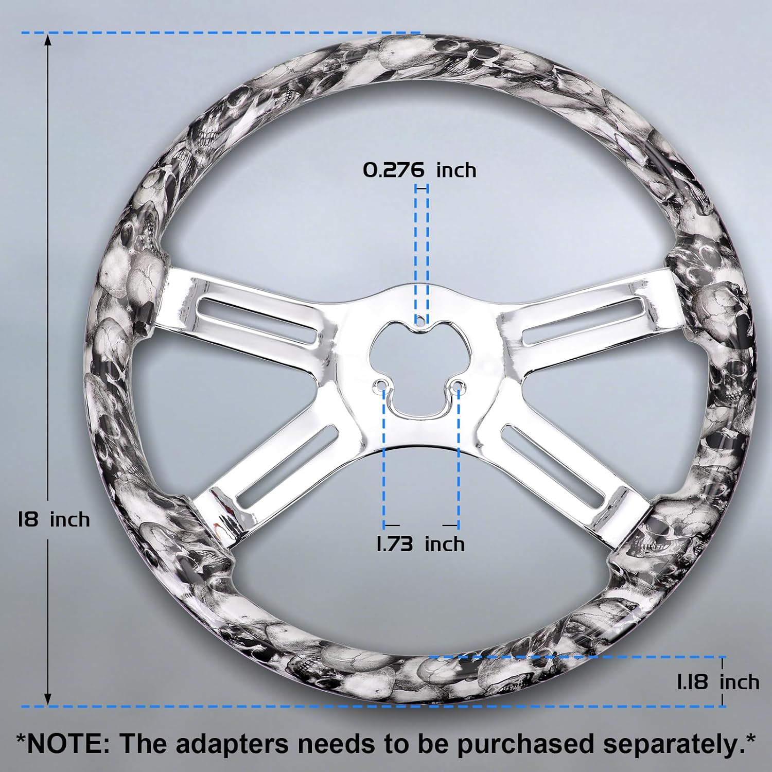 Sorghum 18' Solid Wood Steering Wheel - Hydrographic White Skulls 4 Spokes Aluminum Chrome Steering Wheel with Horn Button for Trucks Compatible with Mack Kenworth Peterbilt Volvo Freightliner