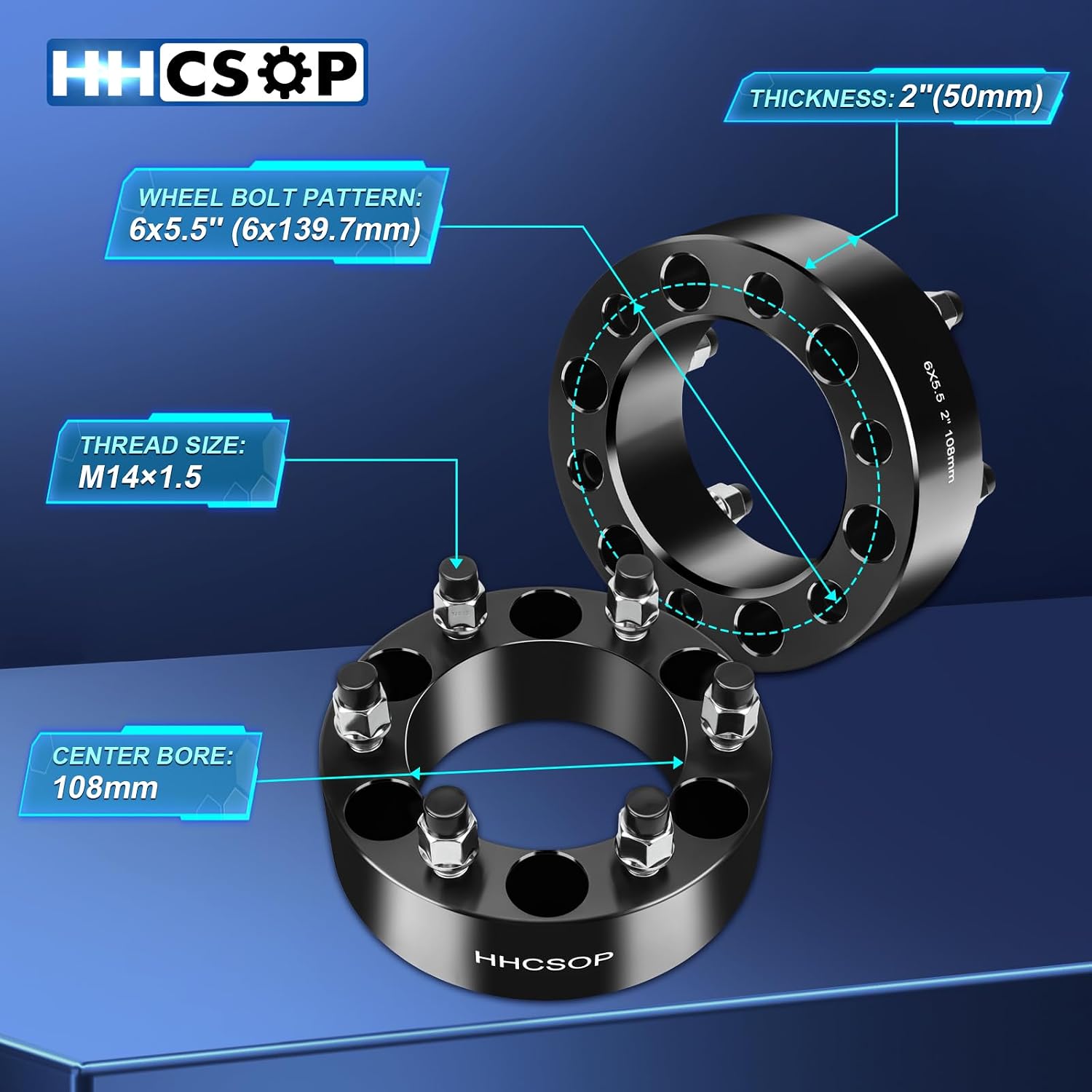 6x5.5 to 6x5.5 Wheel Spacers 2 inch Fits for 1999-2025 Chevy Silverado 1500 Tahoe GMC Sierra 1500 Forged 6 Lug 6x139.7mm Wheel Adapters M14x1.5 Hub Bore 108mm, Black 4PCS