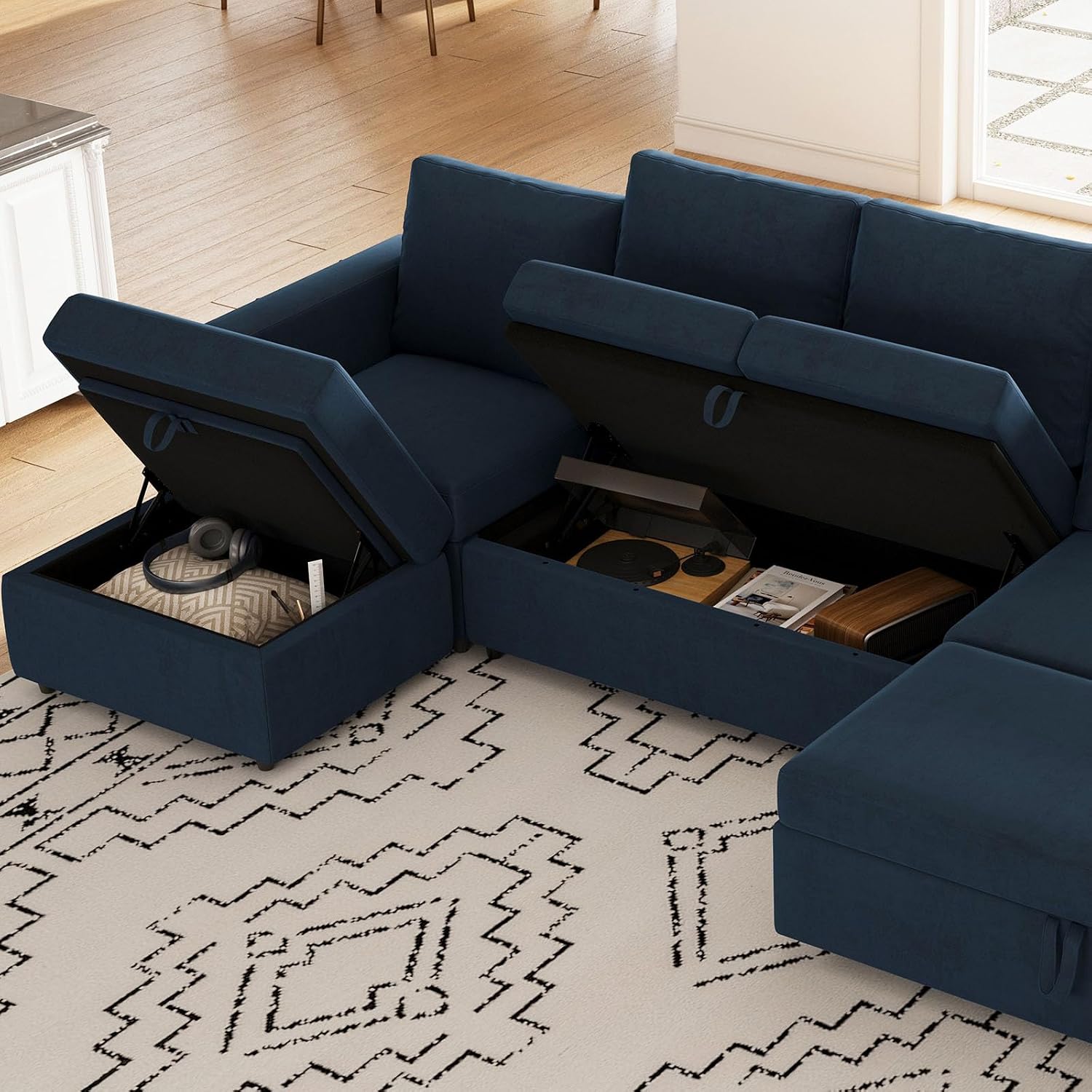 Belffin Modular Sectional Sofa with Sleeper Sofa Couch Pullout Bed, 133' L Shaped Sleeper Sectional Couch with Storage Seat for Living Room, Blue
