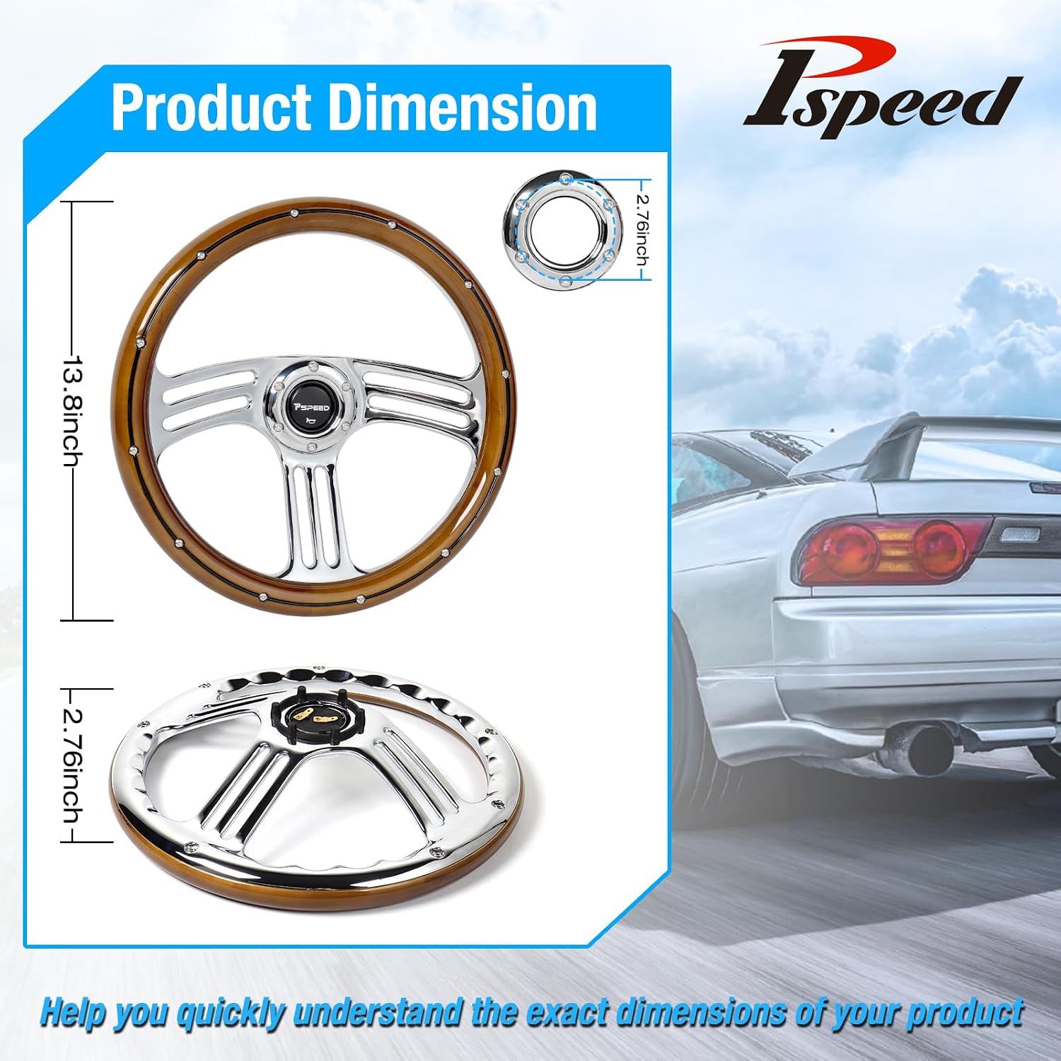 14 inch Solid Wood Steering Wheel,6 Bolt Hole 3 Spoke Chrome-Plated Aluminum Alloy Real Wood Grip Horn Button 70MM Deep Dish Fit for Cars,Racing,Vintage Car,350mm Classic Car steering wheel
