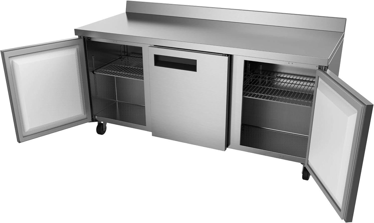 KoolMore 72' Stainless Steel 3 Door Worktop Commercial Refrigerator with 3 1/2 Backsplash - 16.9 cu.ft, Model: RWT-3D-16C