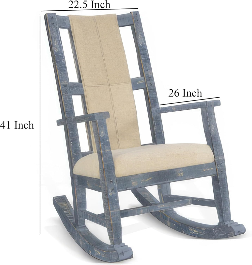 Benzara Rena Rocking Chair- Cushion Seat and Back- Blue Mahogany Mindy Wood