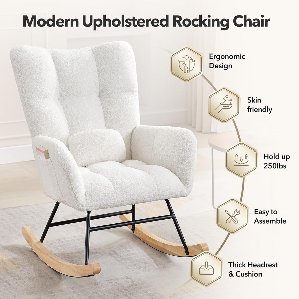 Nursery Rocking Chair - Teddy Upholstered Glider Rocker for Adults, Wood Legs, Two Side Pockets, Padded Seat, High Backrest, Glider Chair for Living Room, Bedroom, Small Spaces - Beige
