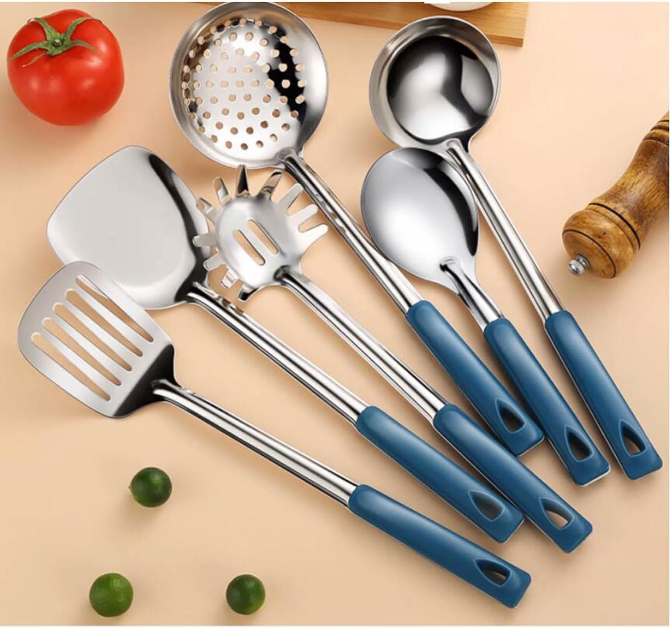Stainless Steel Cooking Spatulas Spoons 6 Pieces Sets Cooking Utensils Draining Spoons Wood Gadgets (Size : Orange)