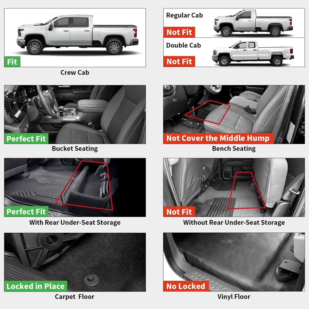 LASFIT Floor Mats 2019-2026 for Chevy Silverado/GMC Sierra 1500, 2020-2026 for 2500 HD/3500 HD, Crew Cab & Bucket Seat Only (Fit with Rear Under-Seat Storage Box, Not Fit 2nd Row Plastic Box), Black