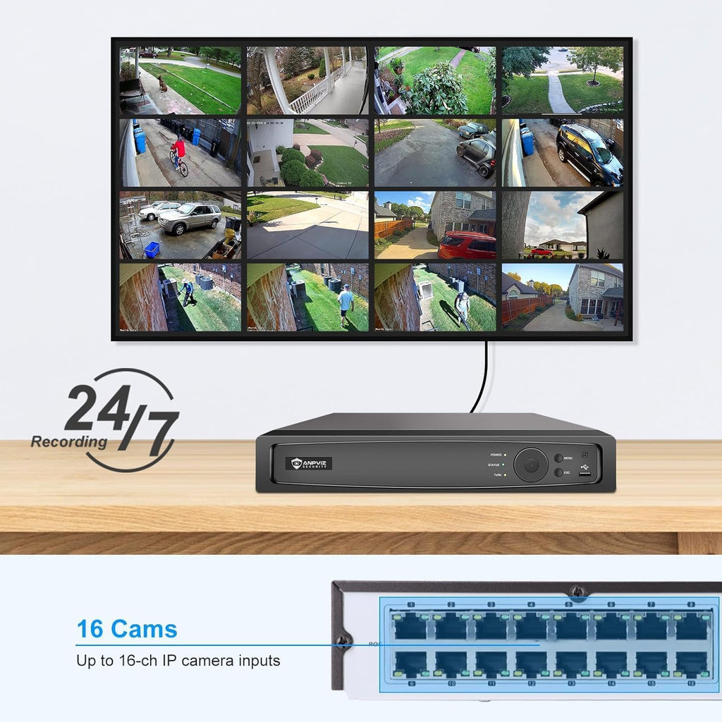 Anpviz AI 12MP 16CH POE NVR (12MP/8MP/6MP/5MP/4MP) Smart AI POE Network Video Recorder - Supports up to 16x 12MP/4K IP Cameras, 16-Channel Power Over Ethernet Pre-installed 4TB HDD NVR7616Q2-16P-A-4TB