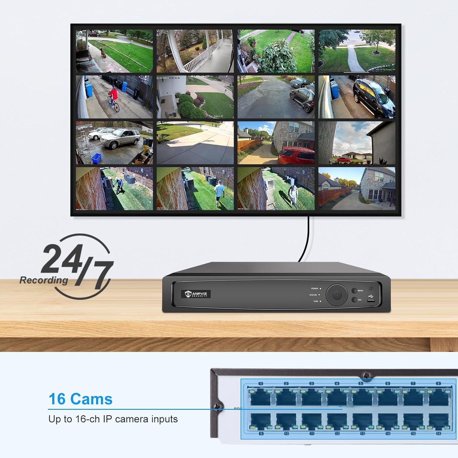 Anpviz AI 12MP 16CH POE NVR (12MP/8MP/6MP/5MP/4MP) Smart AI POE Network Video Recorder - Supports up to 16x 12MP/4K IP Cameras, 16-Channel Power Over Ethernet Pre-installed 4TB HDD NVR7616Q2-16P-A-4TB
