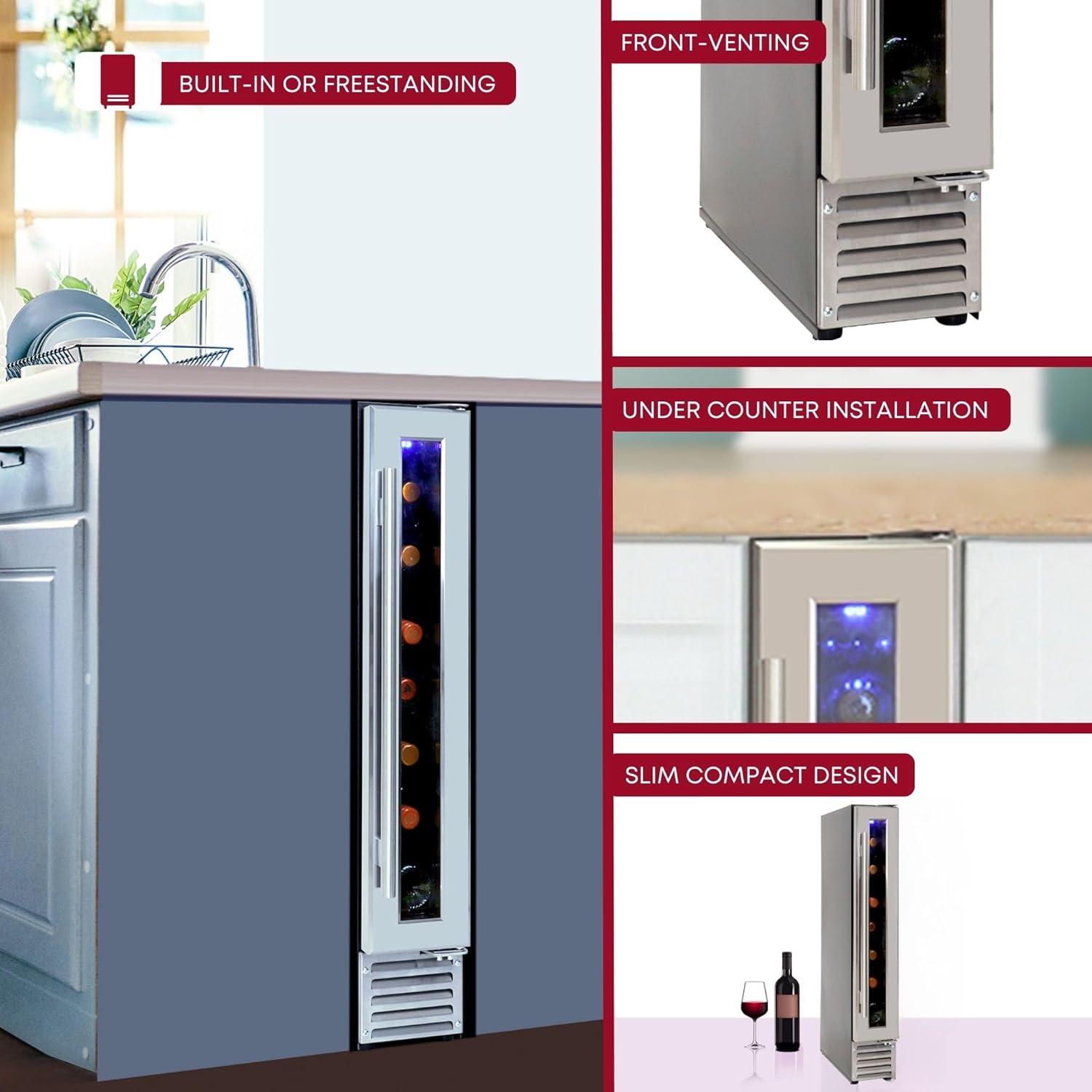 Koolatron 7 Bottle Wine Fridge Cabinet Built-In Cooler with Glass Door Front Vent Compressor Refrigerator For Beverage Can Bar Red White & Sparkling Wine Champagne 0.6 cu ft (Silver Black 18 L)