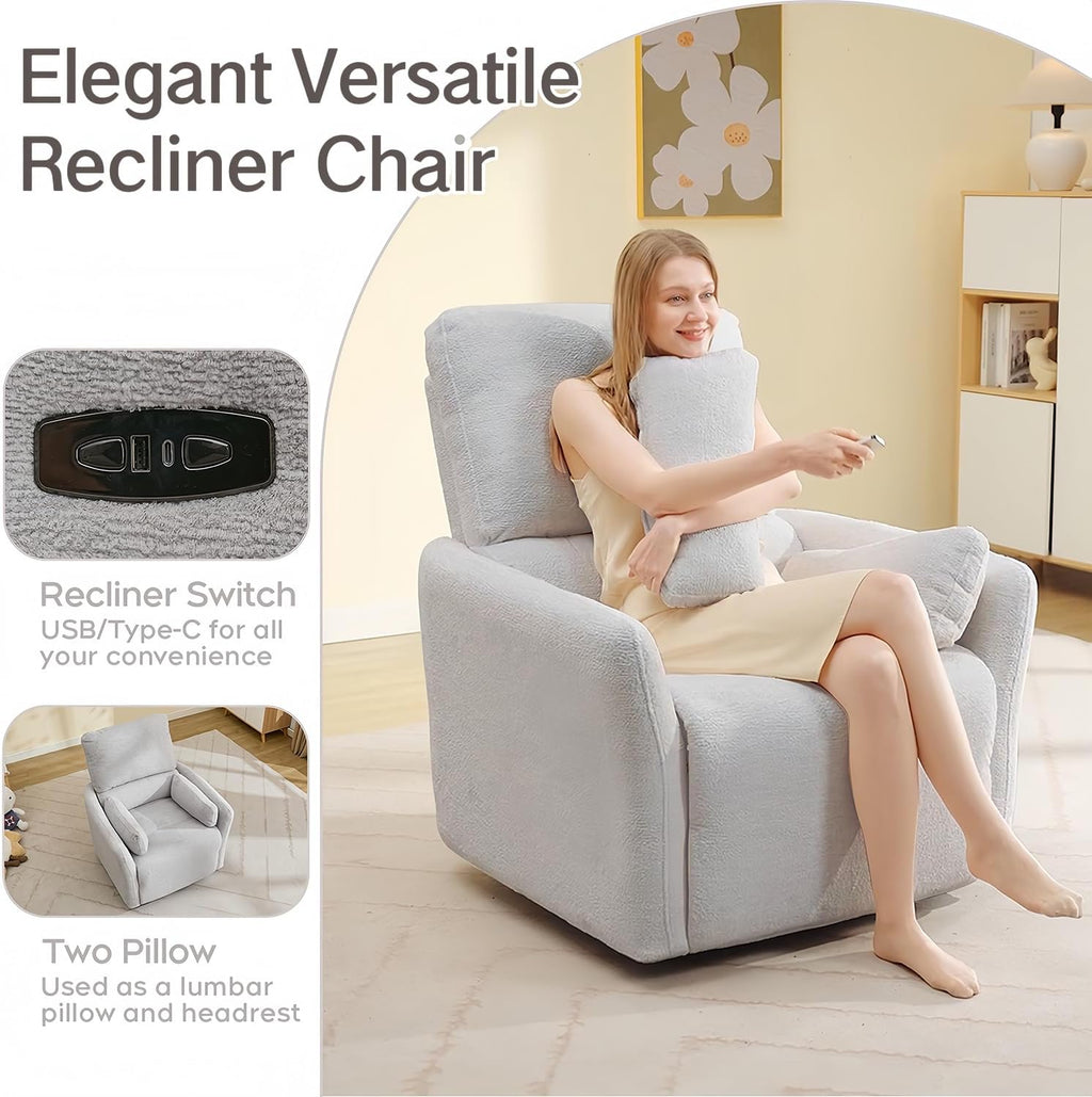 Power Rocker Swivel Recliner Chair for Adults, 26' Extra Wide Glider Reclining Nursery Chair w/USB & Type-C Charger Rocking Chairs for Living Room Bedroom Grey