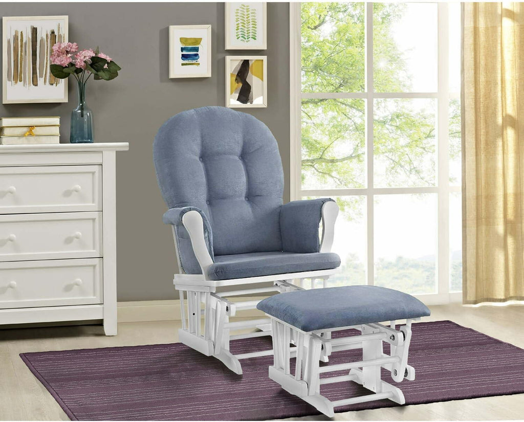 HomeStock Glider and Ottoman Set - Padded Arms, Storage Pockets, Metal Bearings White and Blue