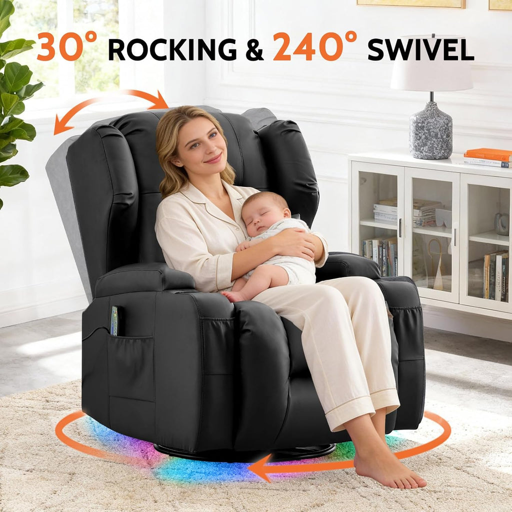 BINGTOO Dual Motor Power Swivel Rocker Recliner Chair with Massage & Heat, Electric Wall Hugger Glider Chair for Adults, Nursery with LED Lights, USB-C Ports & Cup Holders, Faux Leather Black, 1 Chair