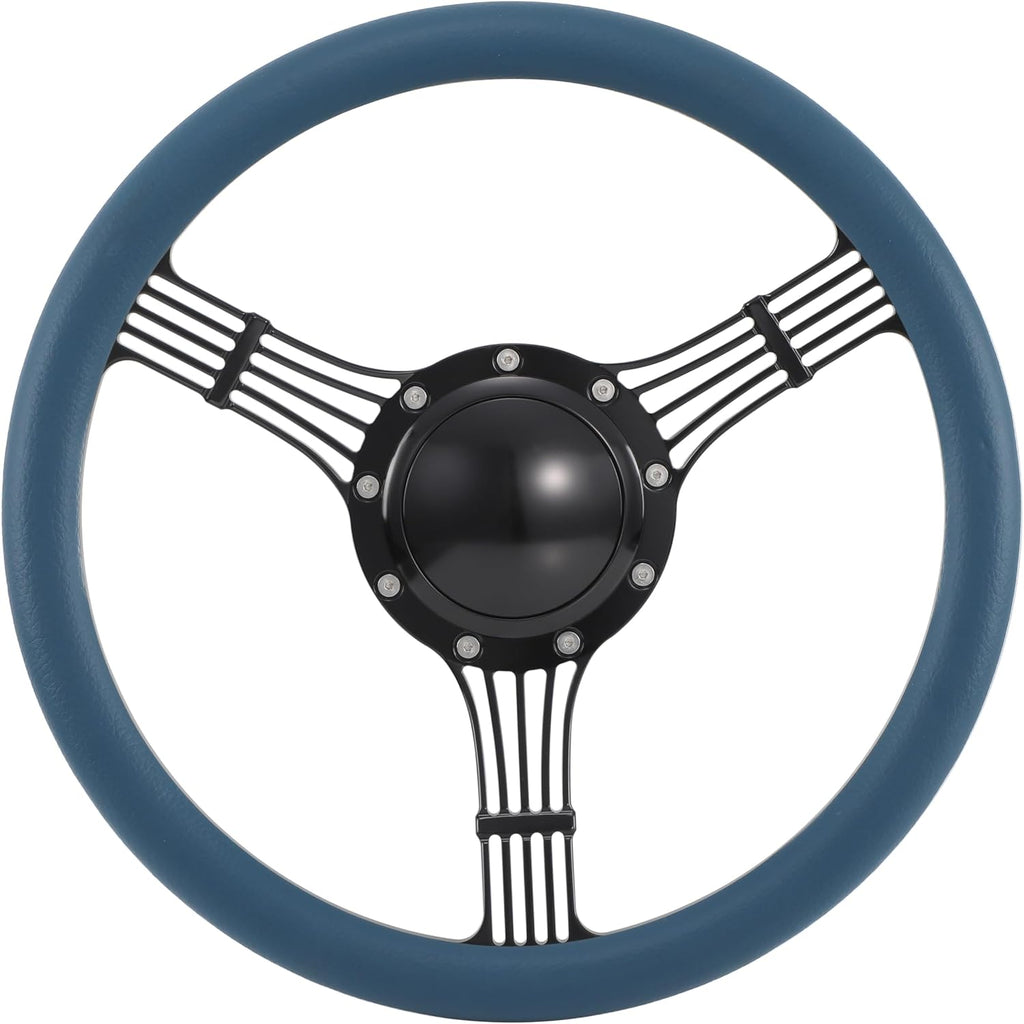 14'' Billet Banjo Half Wrap Steering Wheel with 9 Bolts 2'' Dish and Horn Button (Blue)