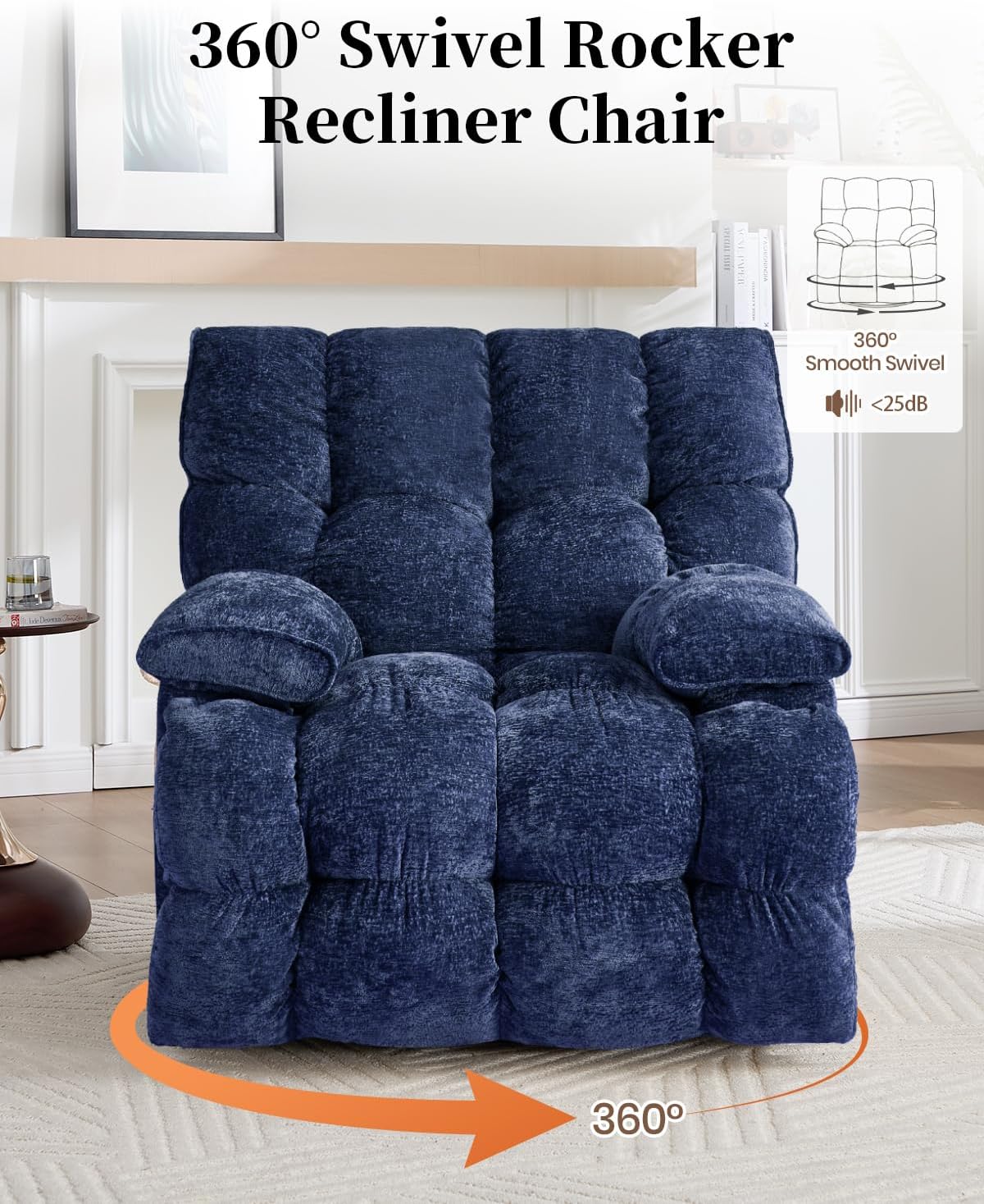 Oversized Manual Recliner Chair with 360° Swivel, Big and Tall Rocker Glider for Nursery Living Room, Chenille Overstuffed Reclining Sofa with Handle, 375lbs (Blue, Manual)