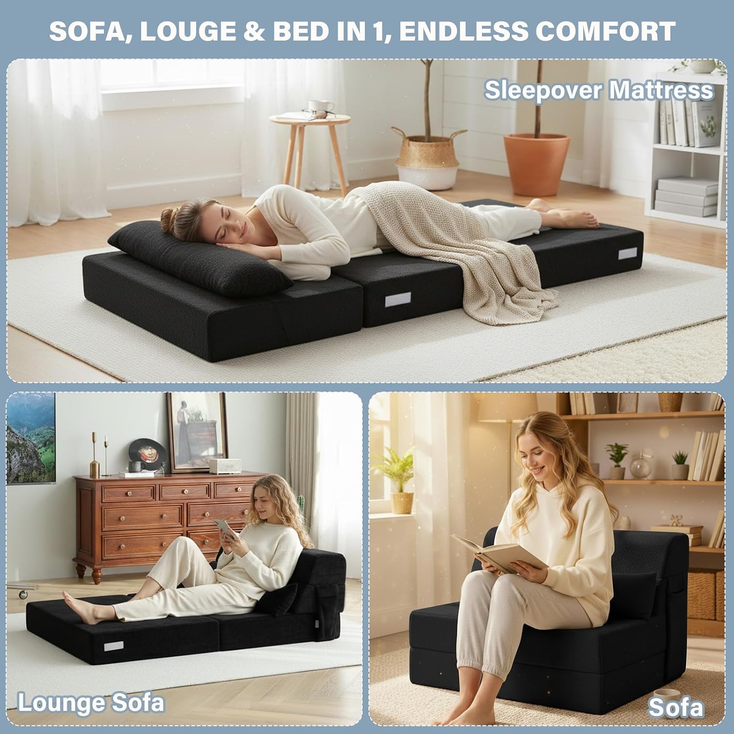 Tiita Convertible Folding Sofa Bed Twin Size for Adults with Pillow, Plush Fabric Floor Mattress Couch Bed, Washable Cover & Side Pocket, Guest Room, Dorm, Apartment, Living Room, Black
