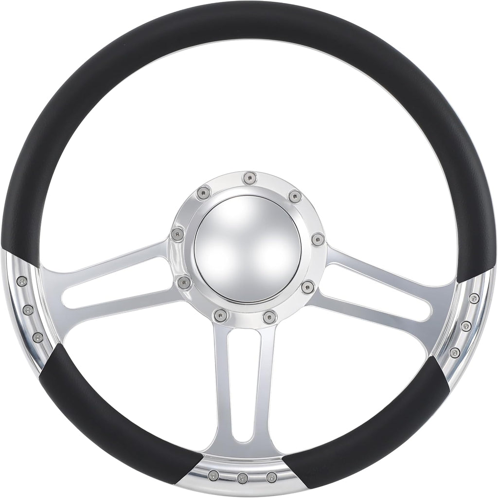 14'' Billet Half Wrap 9 Bolts Steering Wheel with 2'' Dish and Horn Button (Black)