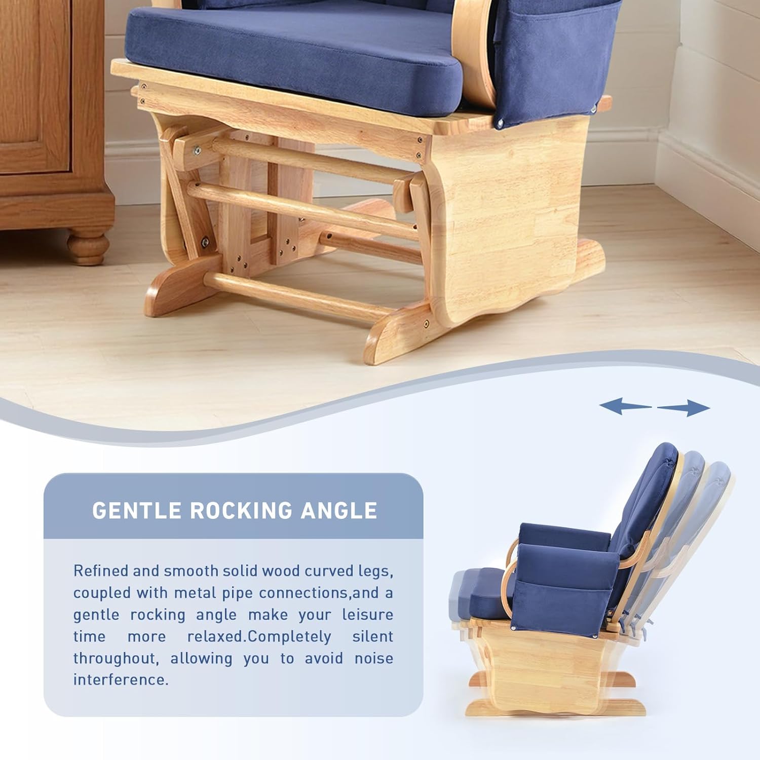 Solid Wood Nursery Glider Rocking Chair, Nursing Rocker Chair with Padded Cushion Armrest, Silent Smooth Rocking Motion for Indoor Living Room Napping Reading, Natural Wood +Blue