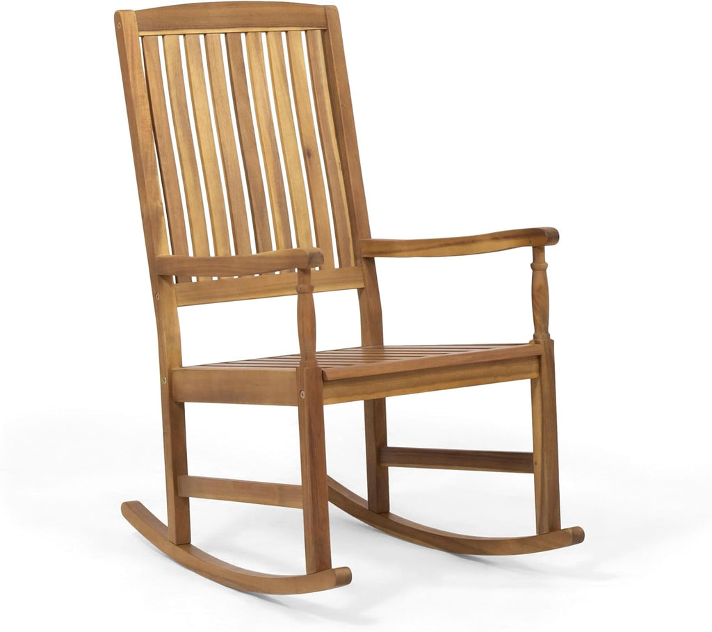 Christopher Knight Home Traditional Patio Garden Furniture Rocking Chair, Outdoor Acacia Wood Club Chair with Rocking Feature, Lounging Armchair, Solid Wood Accent Chair, Brown/Teak