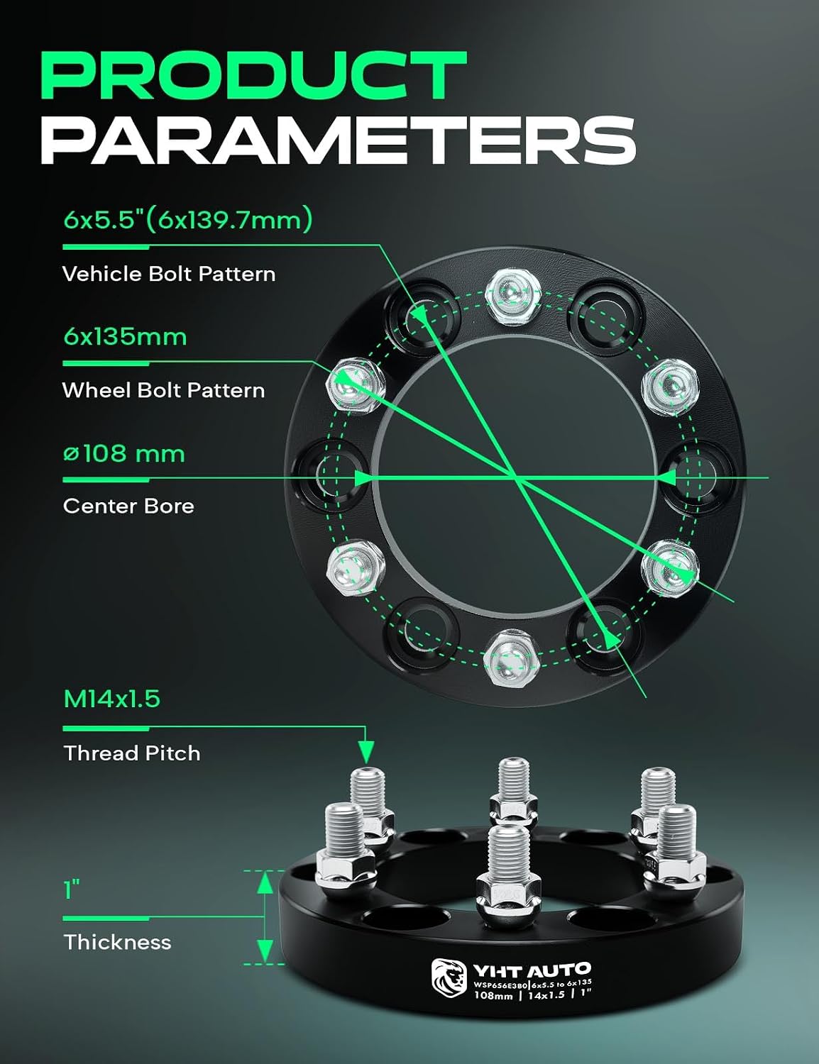 YHTAUTO 6x5.5 to 6x135mm Wheel Adapters 1' Compatible with Chevrolet Cadillac GMC Ram Models: Silverado Yukon, Tire Spacers w/M14x1.5' & 12.9 Grade Studs, 108mm Center Bore 6 Lug 4PCS