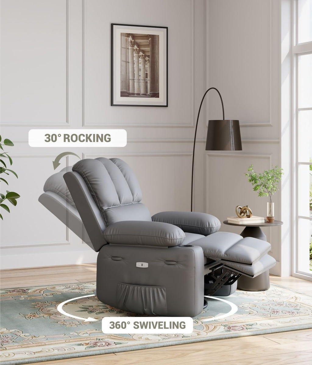 GarveeHome Recliner Chair, 360° Swivel Rocker Recliners with Heat & Massage, Soft Lazy Boy Recliner Chair with 2 Cup Holders and Side Pocket for Living Room Bedrooms and Nurseries -Grey