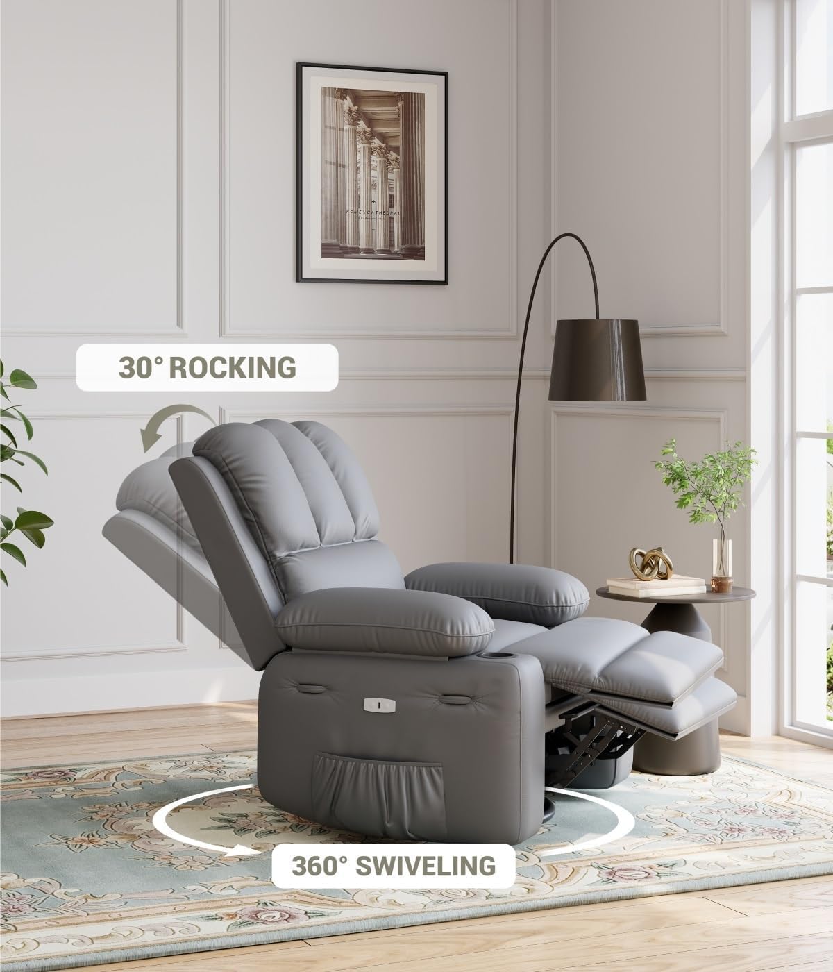 GarveeHome Recliner Chair, 360° Swivel Rocker Recliners with Heat & Massage, Soft Lazy Boy Recliner Chair with 2 Cup Holders and Side Pocket for Living Room Bedrooms and Nurseries -Grey