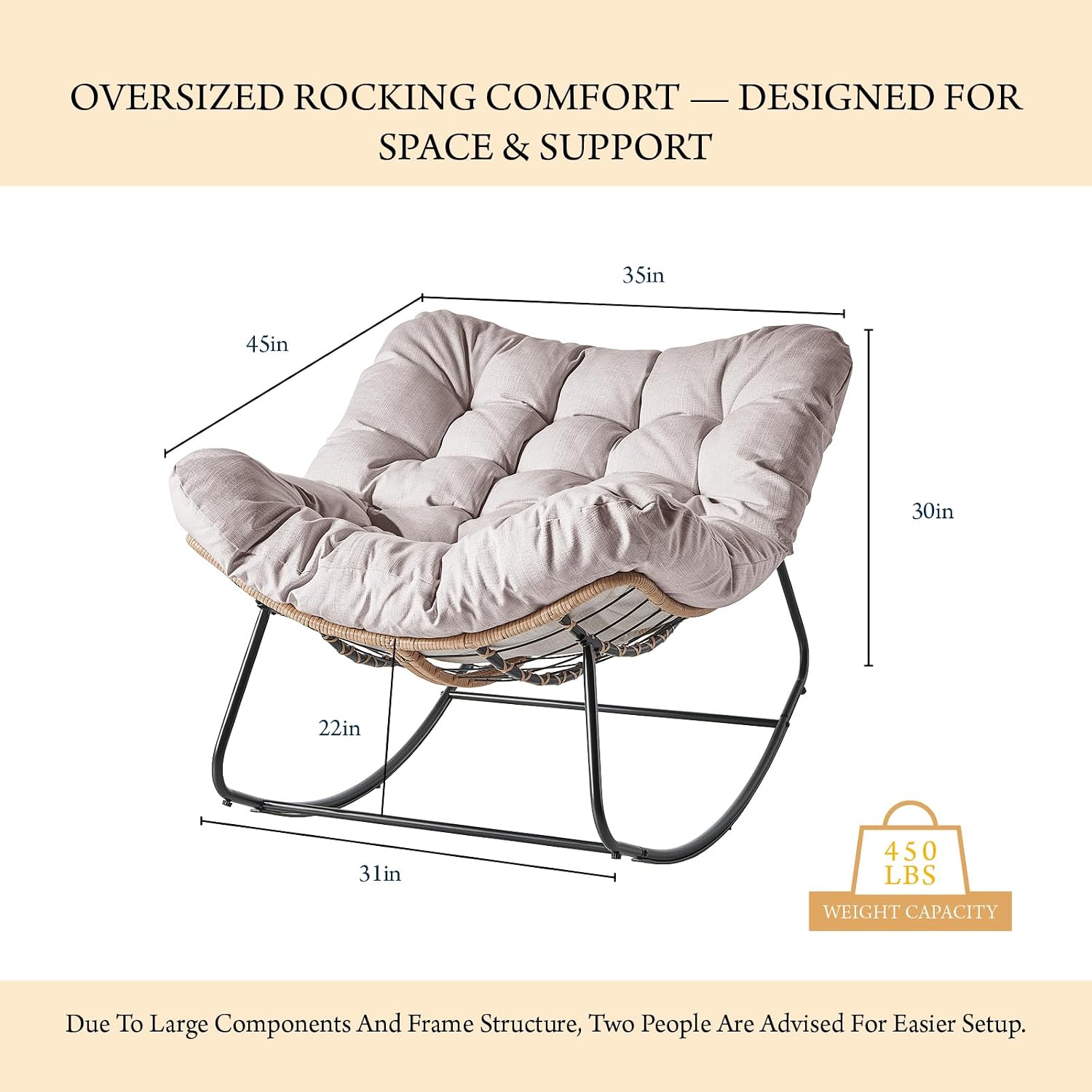 Outdoor Rocking Chair, Oversized Papasan Wicker Lounge Chair with Cushion, Relaxing Patio Rocker, Indoor Reading Egg Chair for Porch, Patio, Bedroom, Garden (Beige)