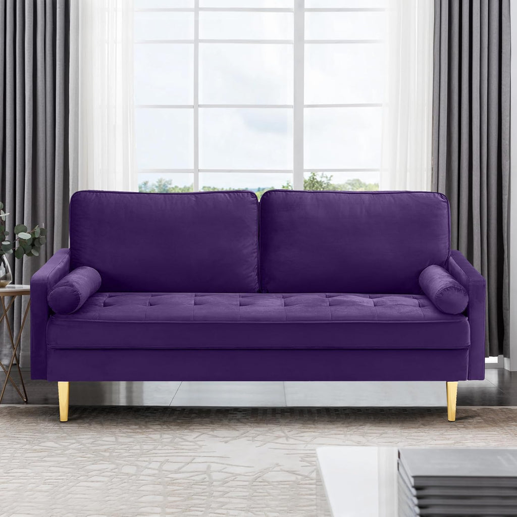 67in Modern Velvet Loveseat Sofa Couch, Mid-Century Tufted Upholstered Small Love Seat Couch with 2 Pillows & 4 Golden Legs, 2-Seats Couches for Compact Space, Living Room, Apartment (Purple)