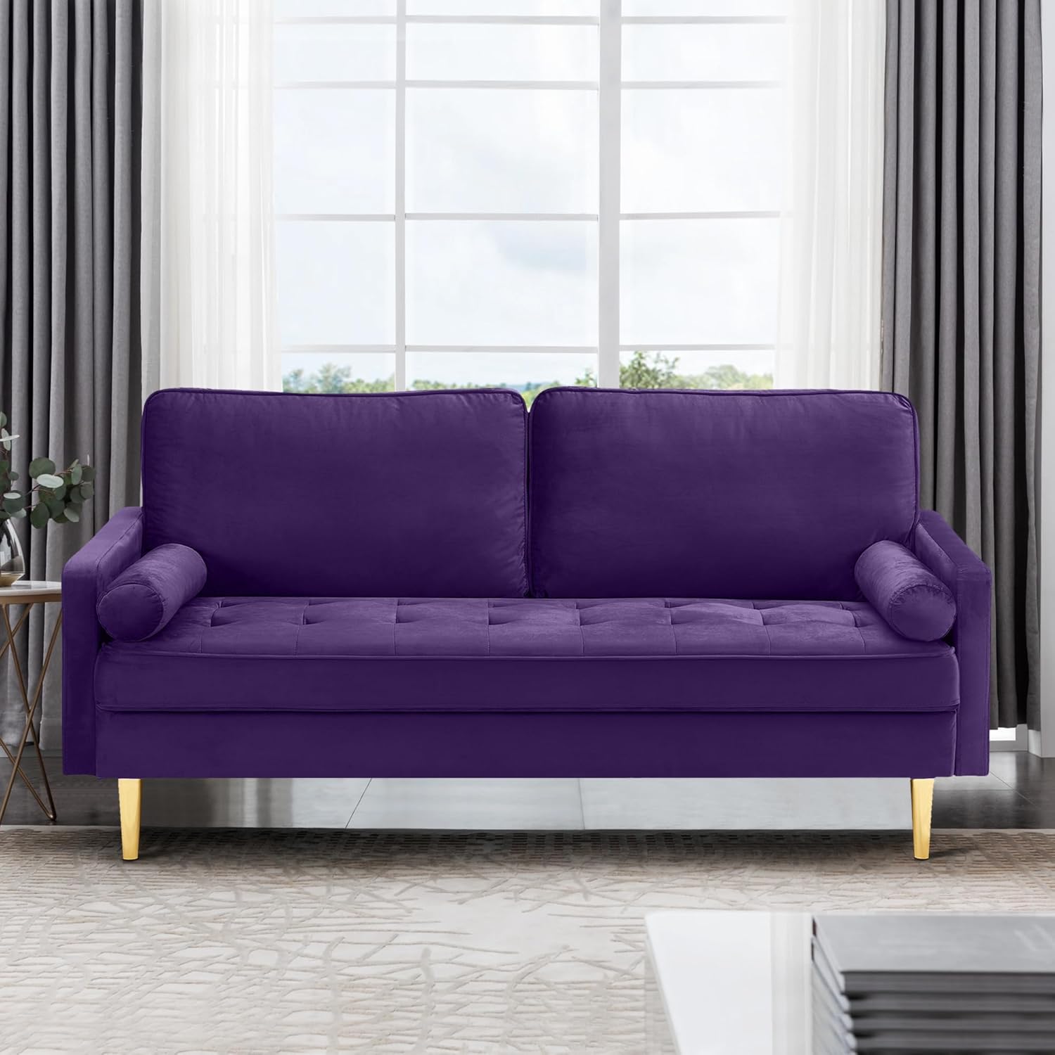 67in Modern Velvet Loveseat Sofa Couch, Mid-Century Tufted Upholstered Small Love Seat Couch with 2 Pillows & 4 Golden Legs, 2-Seats Couches for Compact Space, Living Room, Apartment (Purple)
