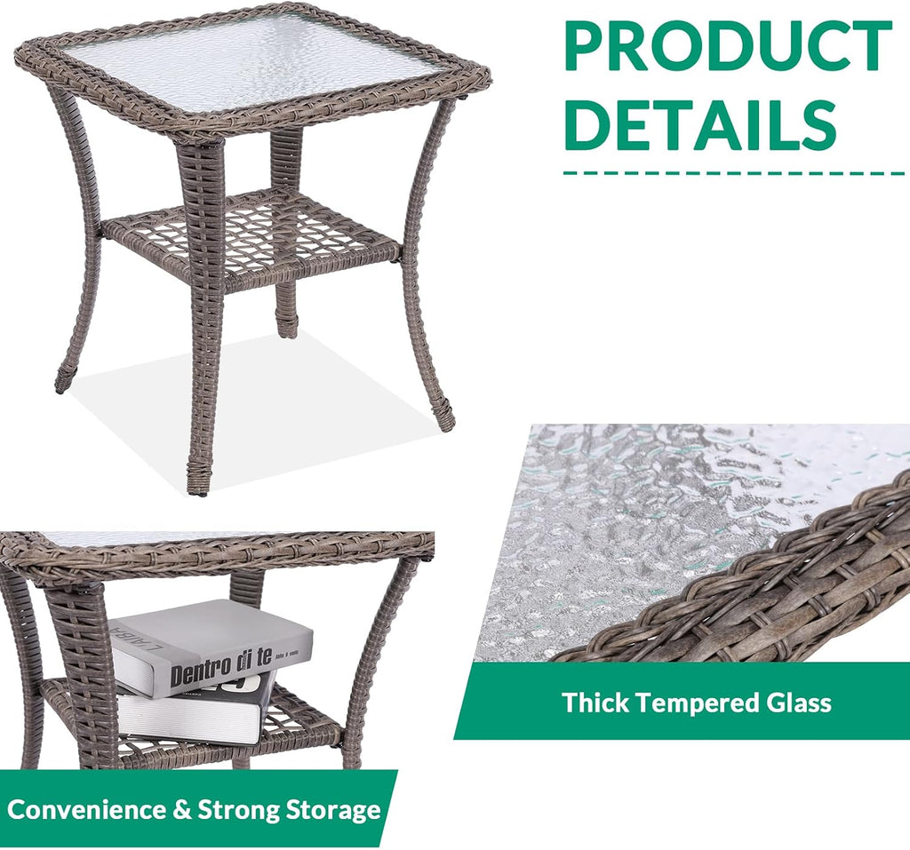 VIVIJASON 3-Piece Outdoor Conversation Bistro Set, Patio Swivel Glider Rocking Chairs Rattan Furniture Sets w/ 2 Rattan Chairs, Glass Top Side Table for Porch Backyard, Gray Wicker & Gray Cushions