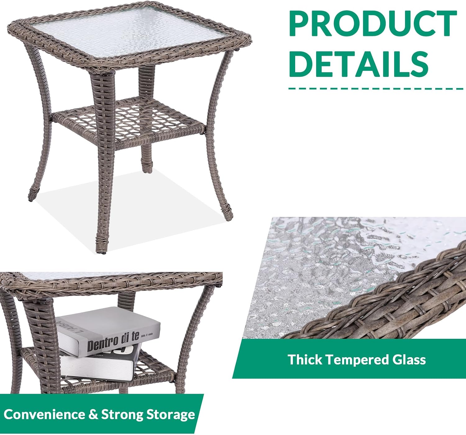 VIVIJASON 3-Piece Outdoor Conversation Bistro Set, Patio Swivel Glider Rocking Chairs Rattan Furniture Sets w/ 2 Rattan Chairs, Glass Top Side Table for Porch Backyard, Gray Wicker & Gray Cushions
