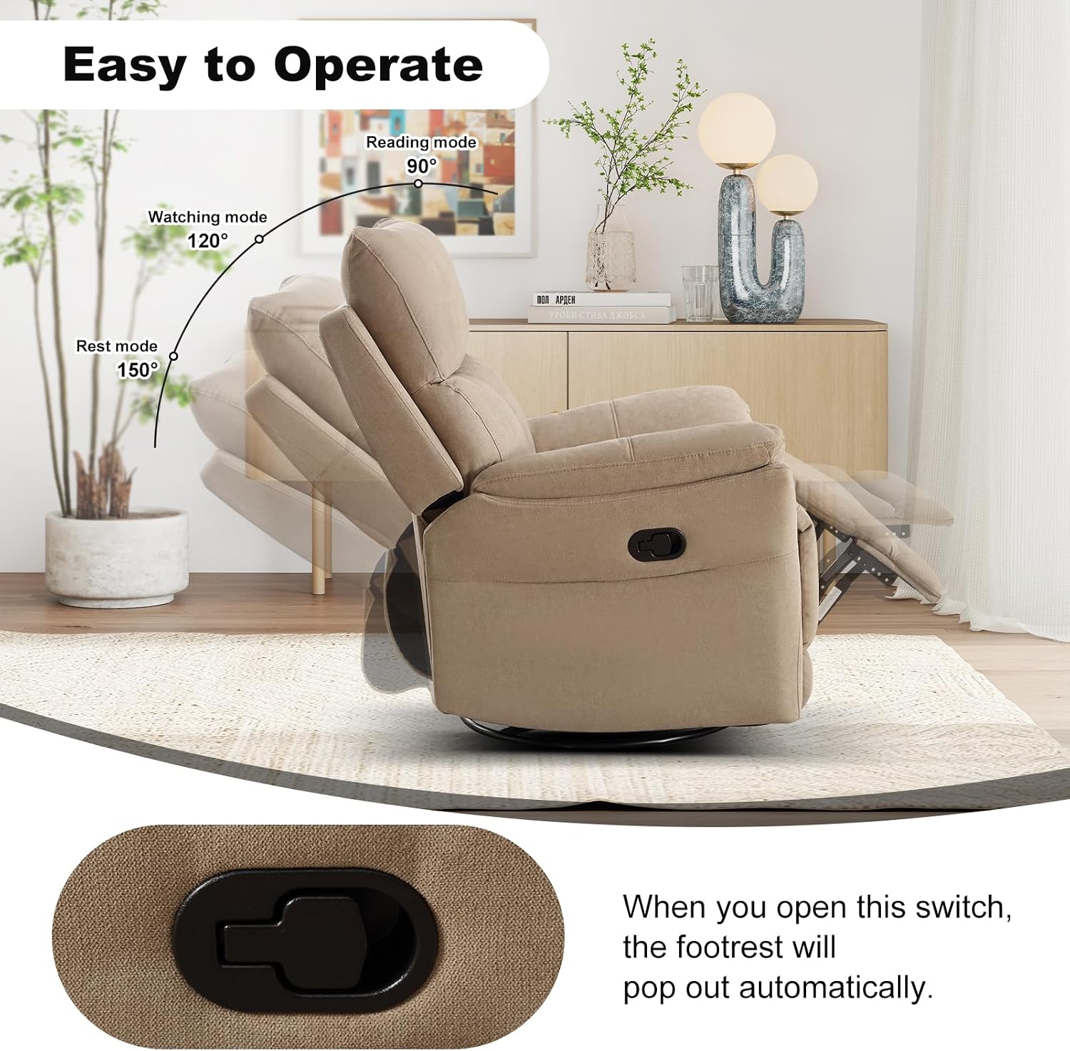 CANMOV Swivel Rocker Recliner, Manual Recliner with Overstuffed Cushion, Nursing Chairs for Living Room, Swivel Glider Recliners with Soft Backrest, Brown