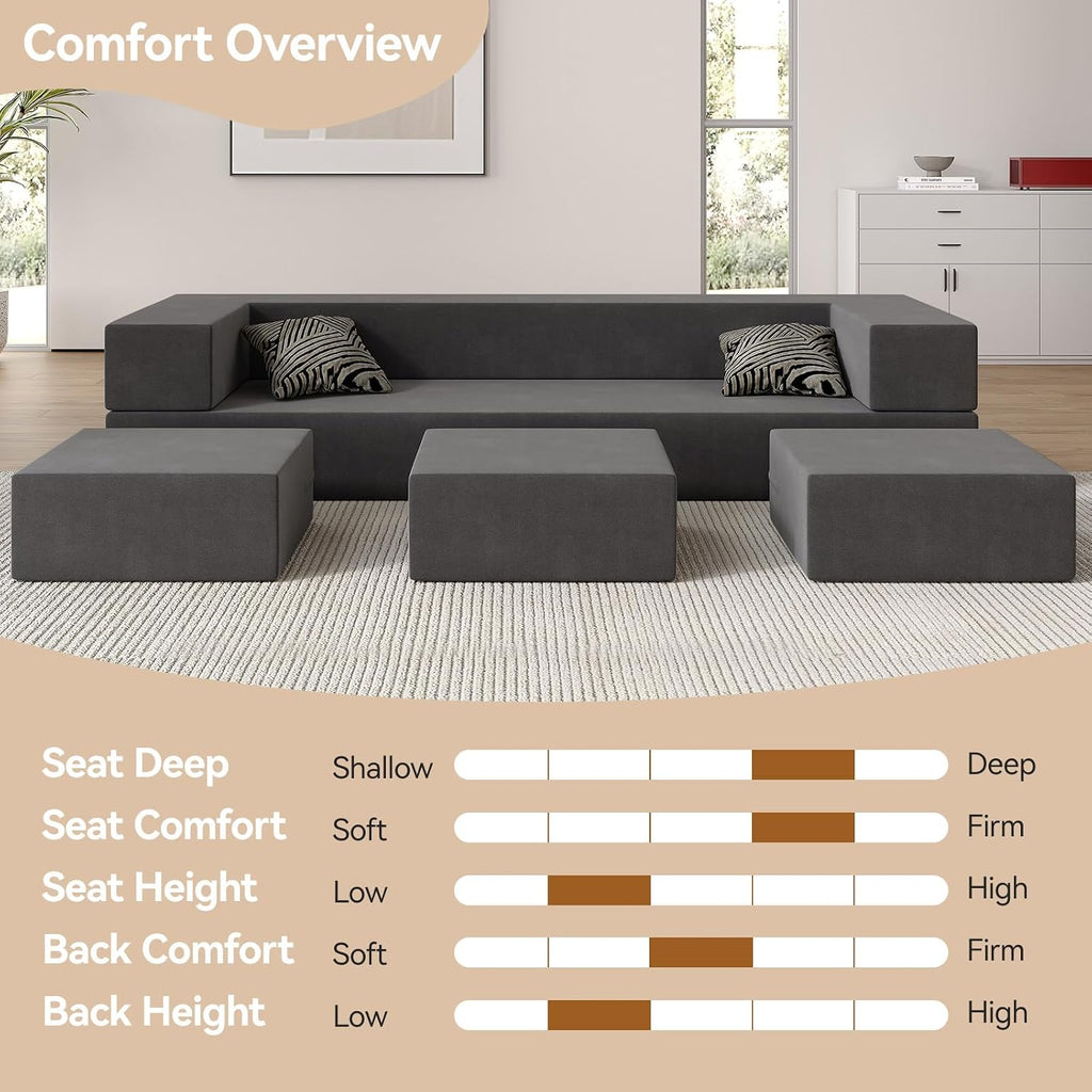 80'' Folding Bed Couch, Foam Floor Sofa with 3Ottomans& Washable Velvet Cover,Modular Sectional Sofa Futon Sleeper Convertible Memory Mattress for Guest/Living Room/Playroom,Queen,Deep Grey