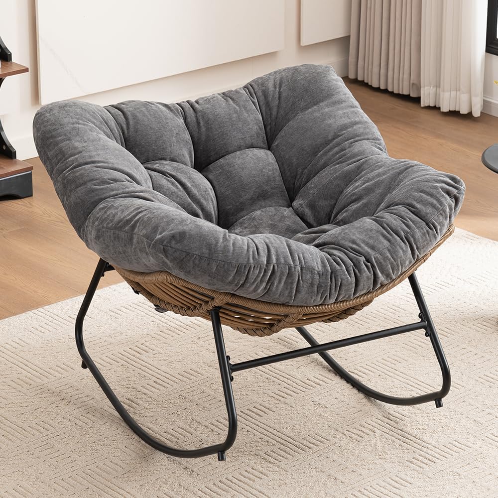 Outdoor Papasan Chair, Oversized Rocking Chair with Cushion and Metal Frame, Patio Lounge Rocking Chair for Balcony Backyard Porch Bedroom Living Room (Grey)