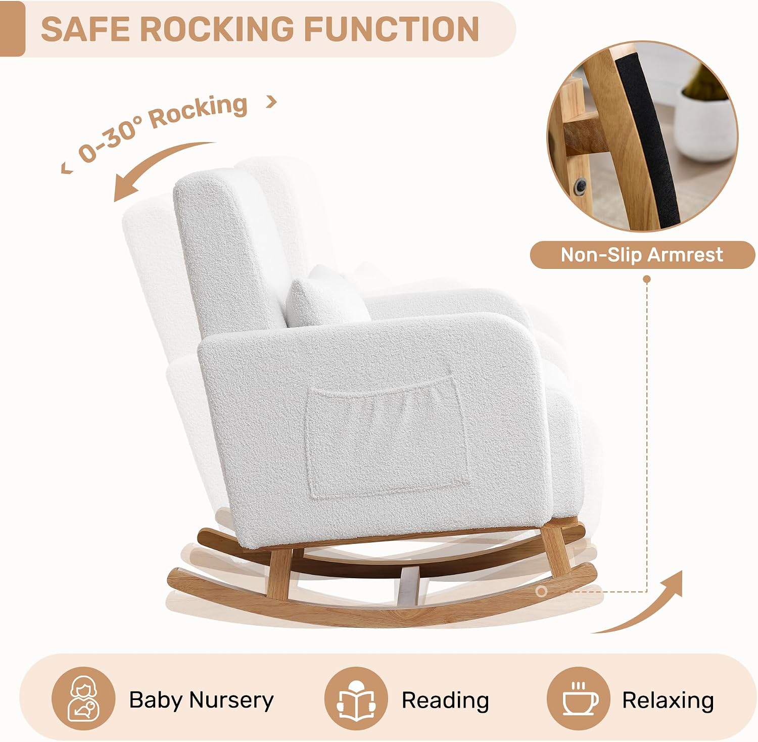 HCHAIRH Rocking Chair with Ottoman, Upholstered Glider Rocker with High Backrest and Side Pocket, Comfy Reading Chair with Solid Wood Legs for Nursery, Living Room,Bedroom White