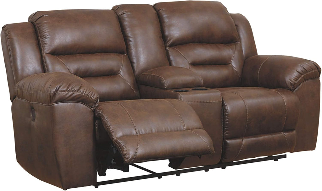 Signature Design by Ashley Stoneland Faux Leather Power Double Reclining Loveseat with Center Console, Dark Brown